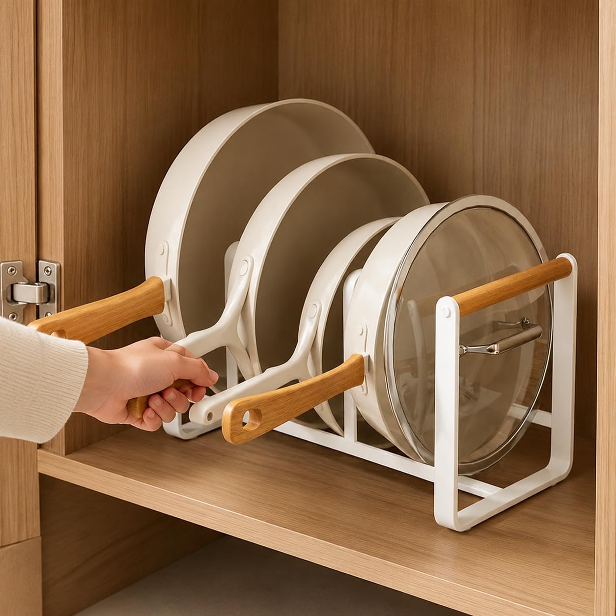 Topfdeckel Organiz, Topfdeckelhalt, Küchenregal, 3 Fäch, Metall, mattweiß, rutschfest, für Töpfe bis 35 cm, Pfannen & Deckel, Drei Fächer Topfhalter + Schma