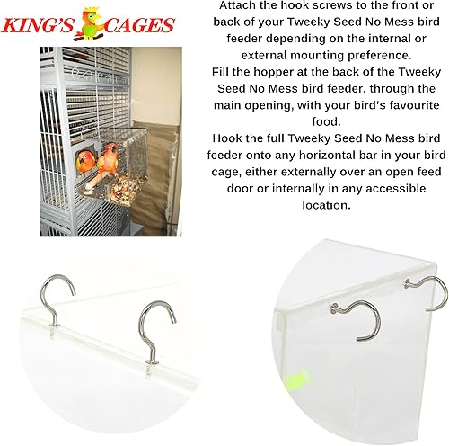 Miniatura 3 de Comedero pequeño Tweeky Clean para semillas de pájaros, diseño de plástico transparente duradero con percha antideslizante, fácil montaje para jaula