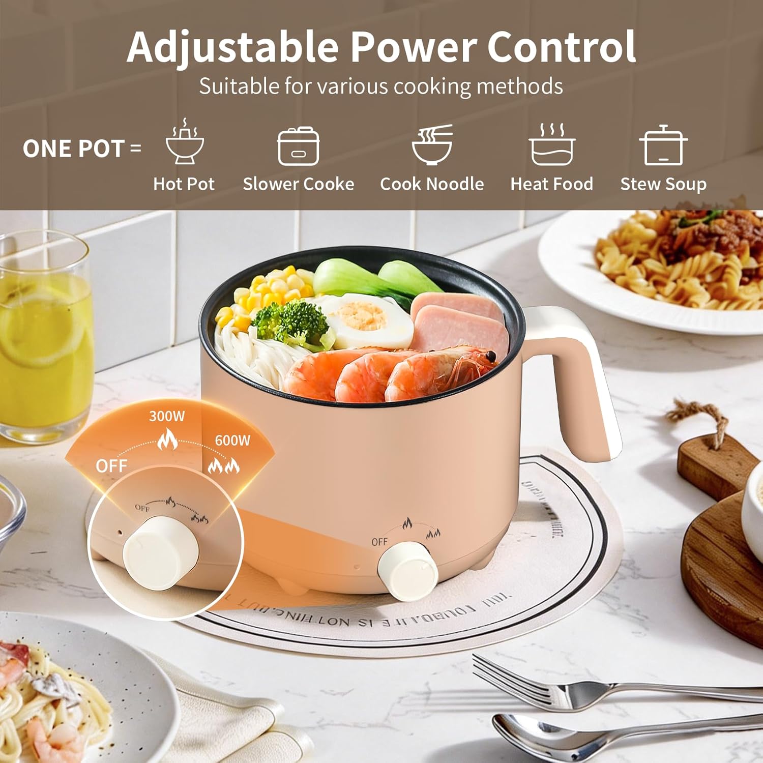 Hot Pot Electric 1.5L, Portable Ramen Non-Stick Cooker for Noodles, Soup, Oatmeal, Ramen Pot with Boil Dry Protection for Dorm, Office, Travel
