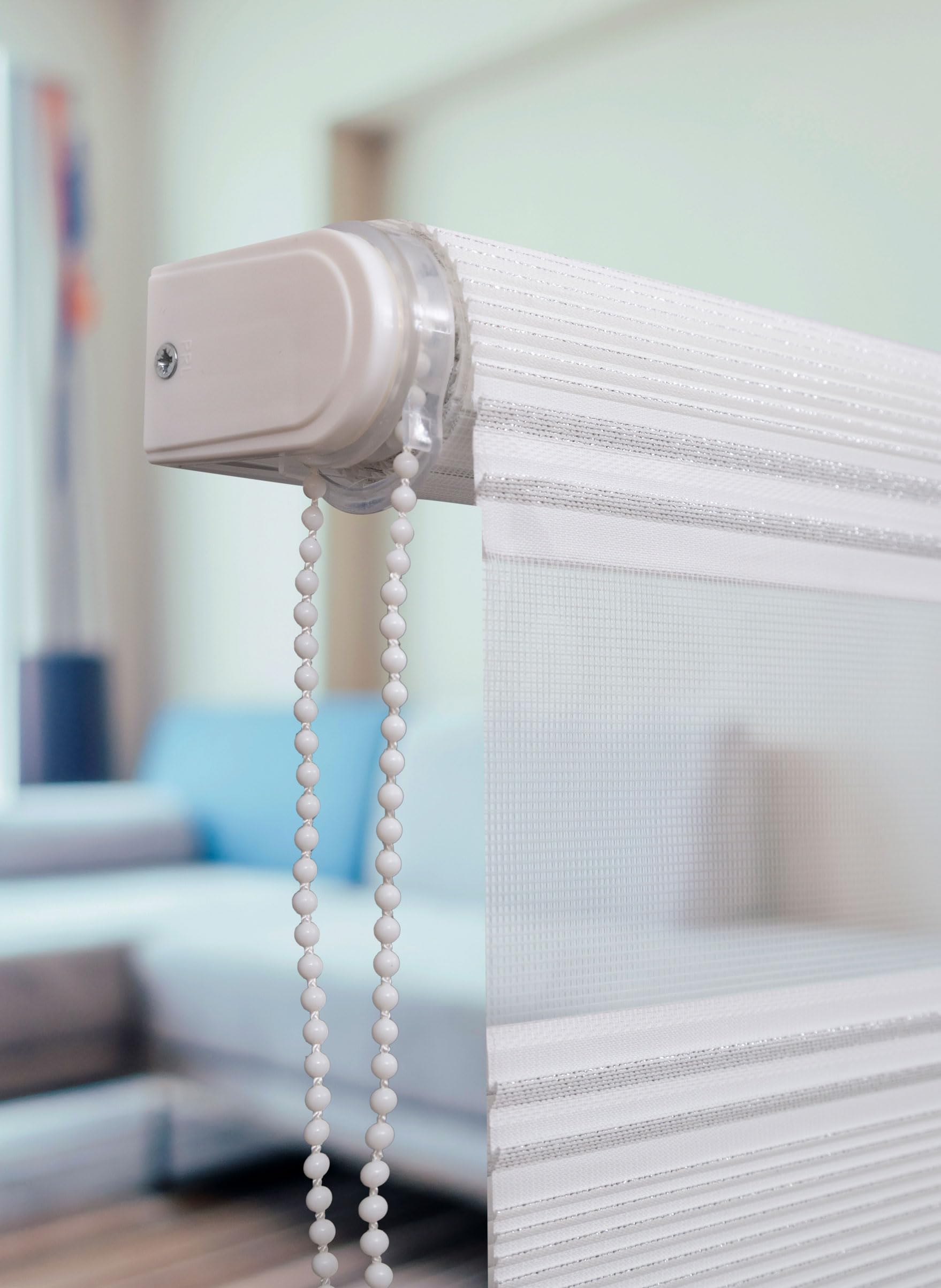 PlisseeOnline Doppelrollo Klemmfix ohne Bohren Weiß Silber Glitzer mit Perlen Duo Rollo für Fenster und Türen Plissee Rollo Gardine 120 x 150 cm Blickdicht Klemmrollo mit Perlen Seitenzugrollo