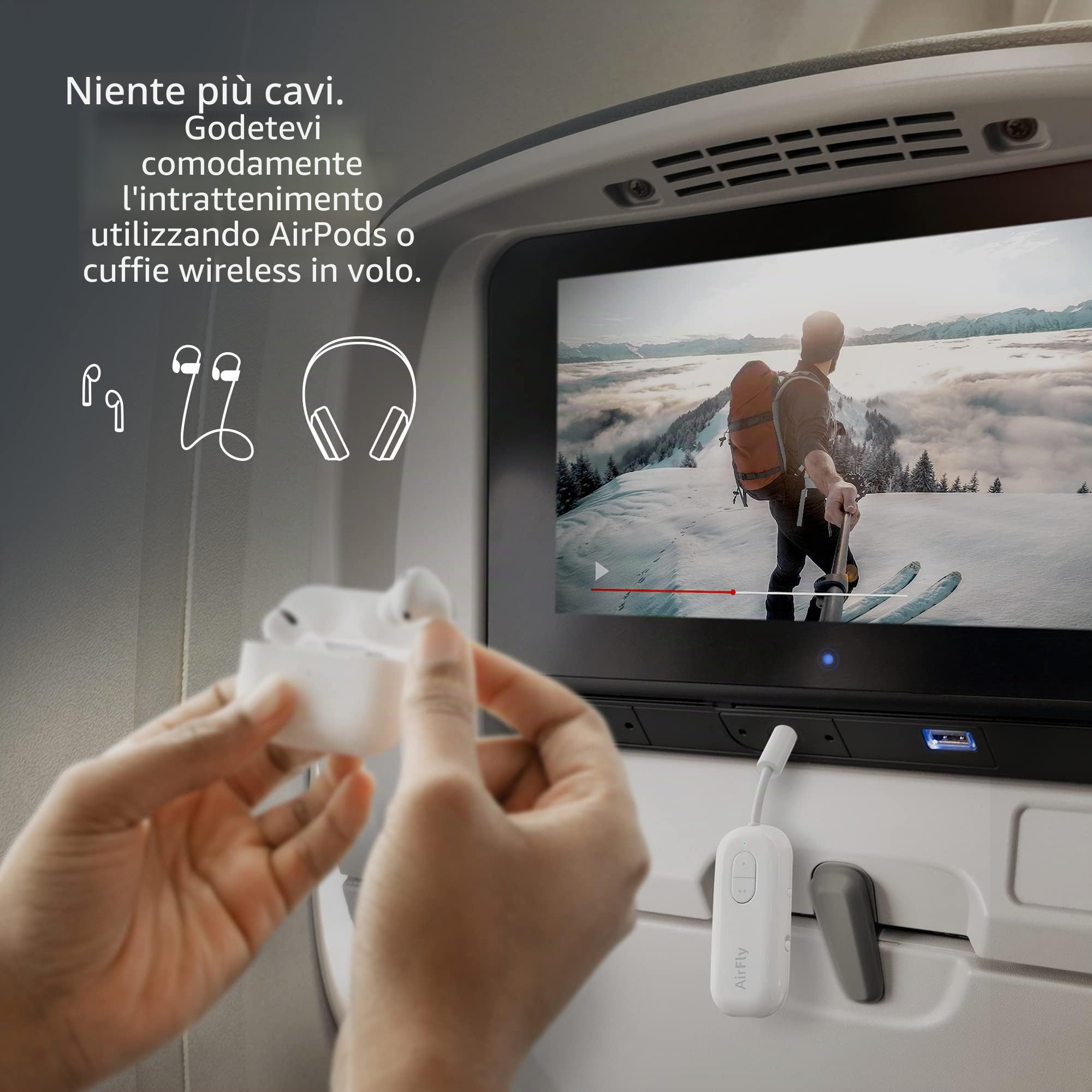 Twelve South AirFly Duo: trasmettitore wireless con condivisione audio per un massimo di 2 AirPods/cuffie wireless a qualsiasi jack audio per l'uso su aerei, barche o in palestra, casa, auto