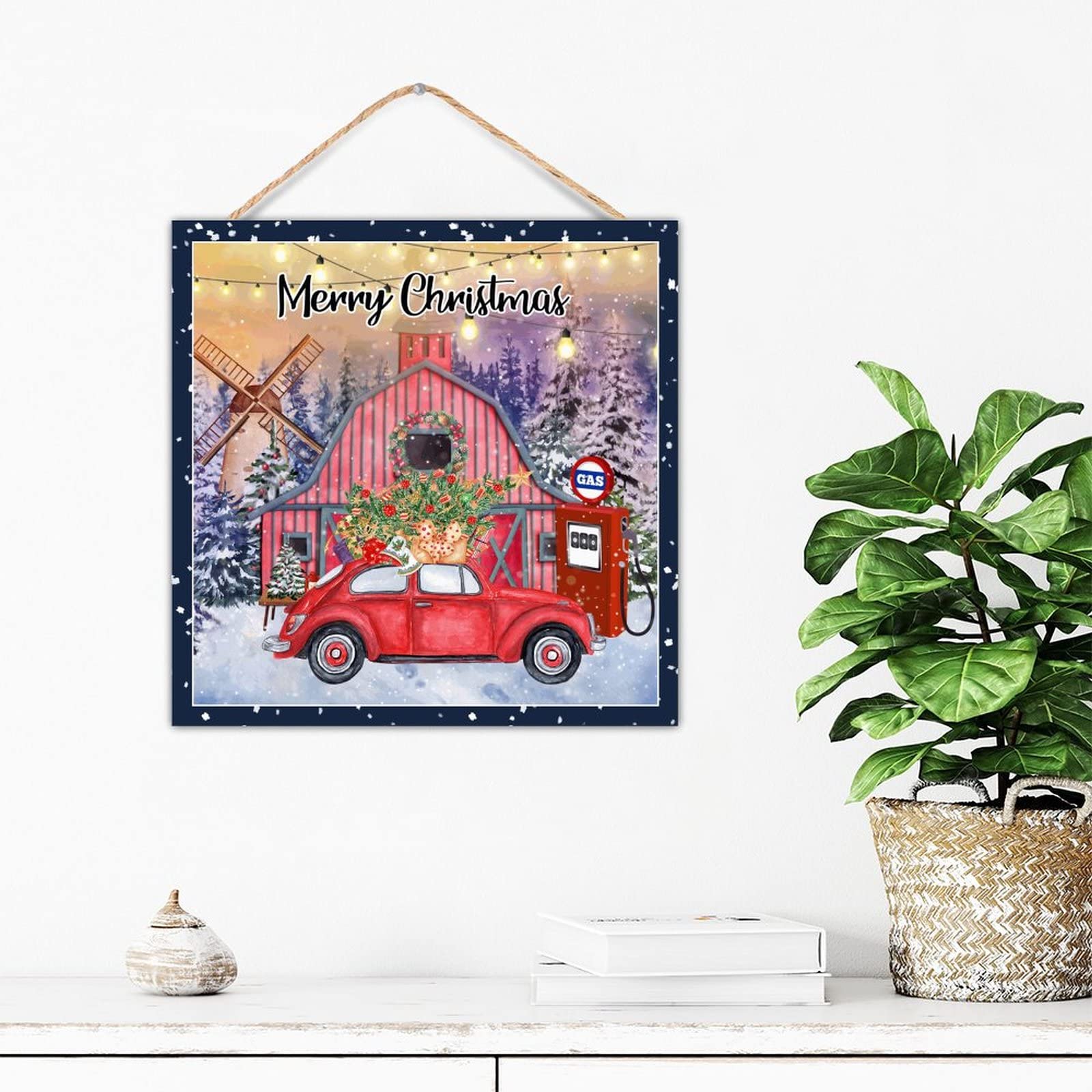 Camion rouge de Noël en panneau bois Décoration vintage pour étagère et salon