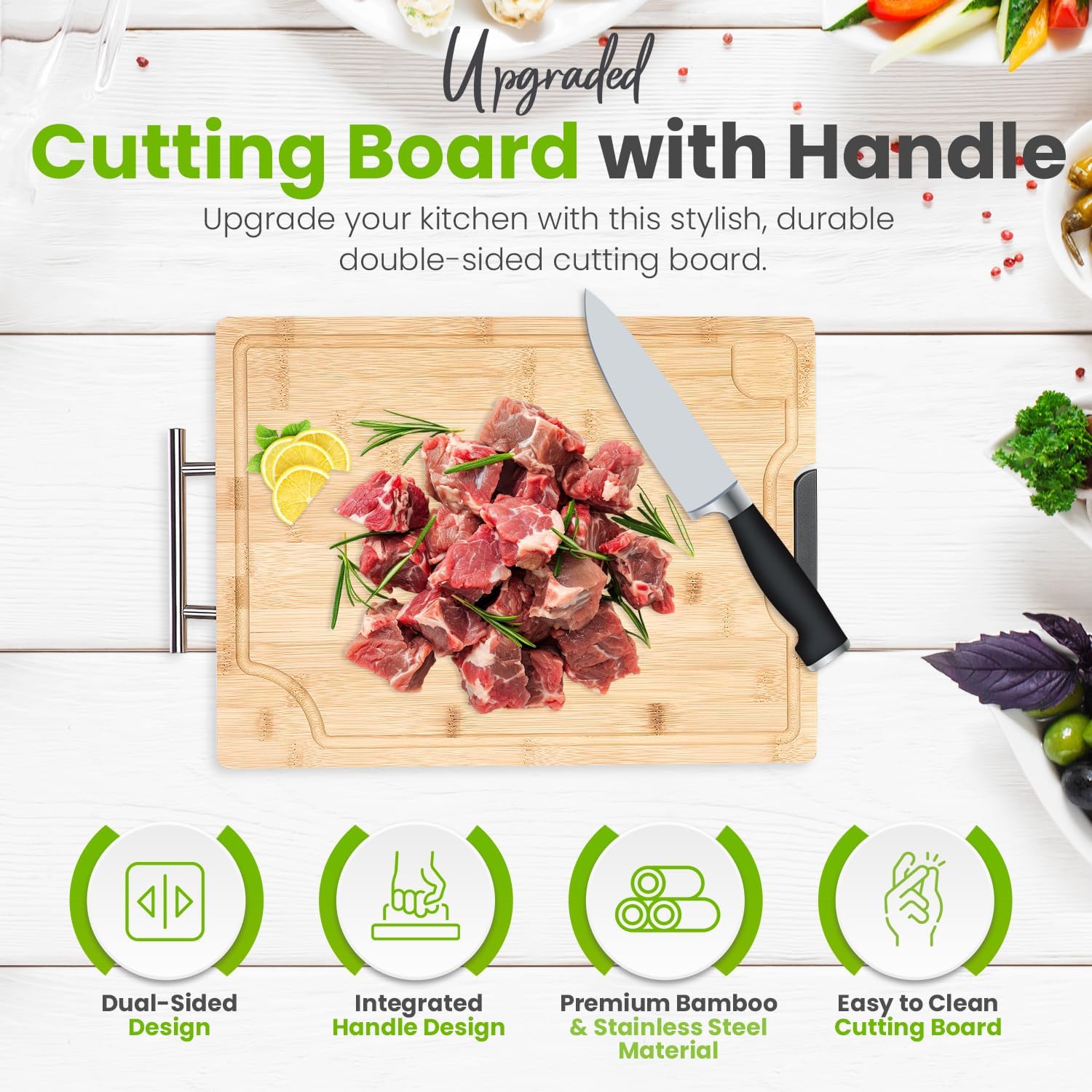 High Quality,Stainless Steel Metal Cutting Board for Kitchen – 2 in 1Premium Bamboo and Steel Chopping Board for Kitchen with Juice Groove for Cutting Meat,Vegetables and Fruits, Easy Clean