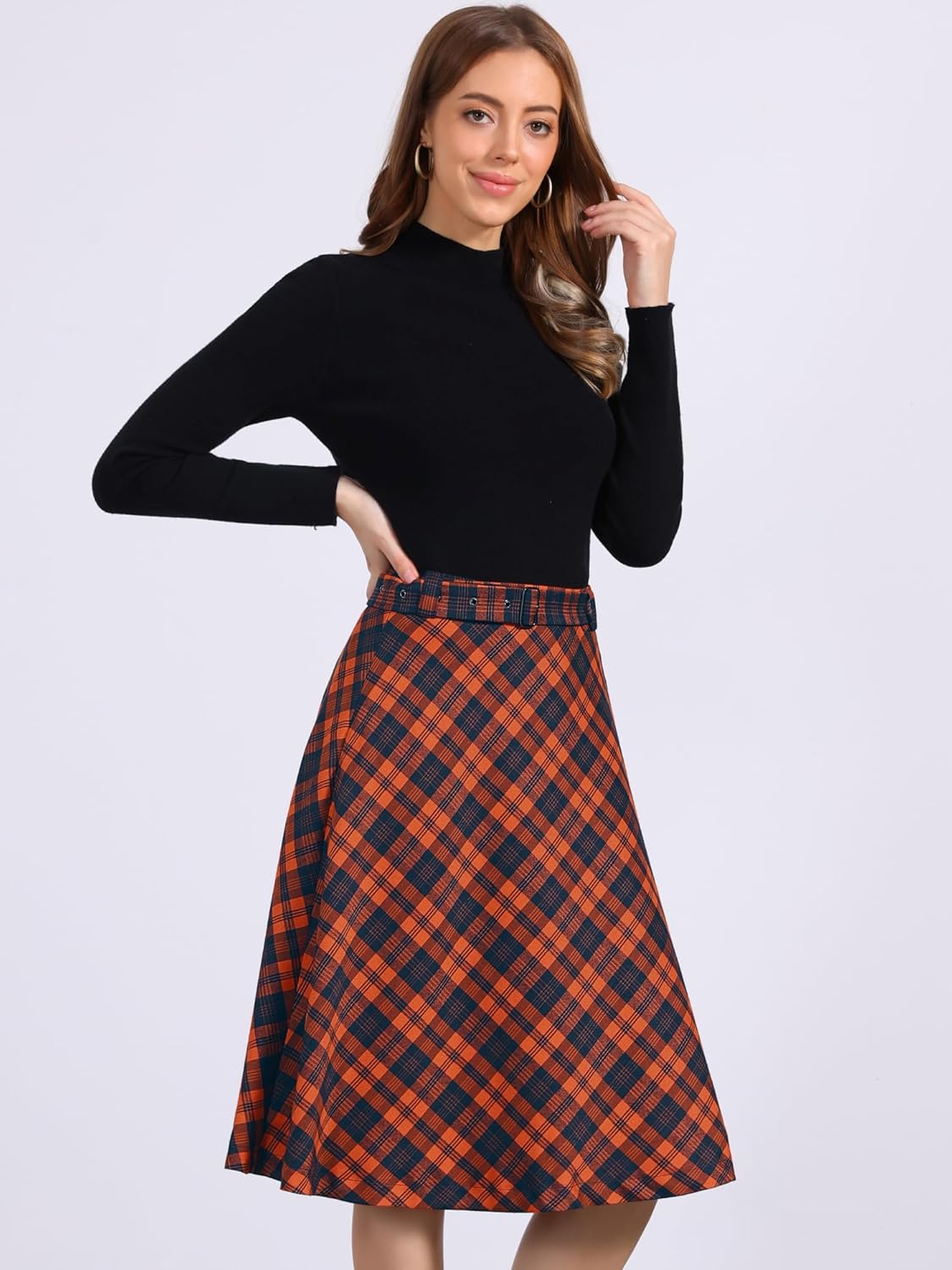 Allegra K Women's Plaid Tartan High Waist Belted Vintage A-Line Midi Skirt