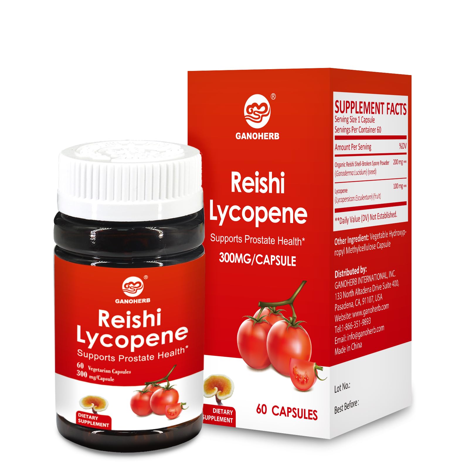 Lycopene Supplement for Men 100mg, Lycopene Capsule with 200mg Reishi Mushroom for Overall Health, 2 Month Supply, Non-GMO & Gluten Free, Vegan, 60 Rapid Release Capsules