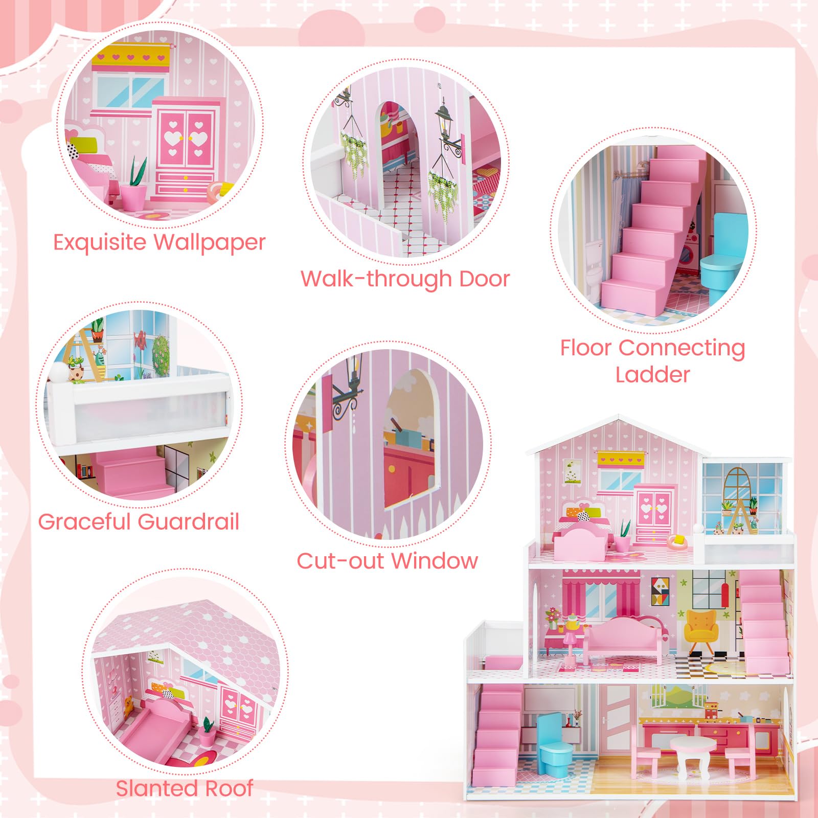 Costzon Wooden Dollhouse for Kids, 3-Story Semi-Open Doll House with 5 Rooms & 10 Pieces Furniture Set, Ladders & Balcony, Preschool DIY Pretend Play Dollhouse Toy, Gift for Girls & Boys Ages 3+