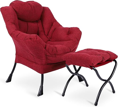 VIVIJASON Silla moderna de tela de algodón con otomana, silla de salón contemporánea con marco de acero, juego de sofá con reposapiés, reposabrazos