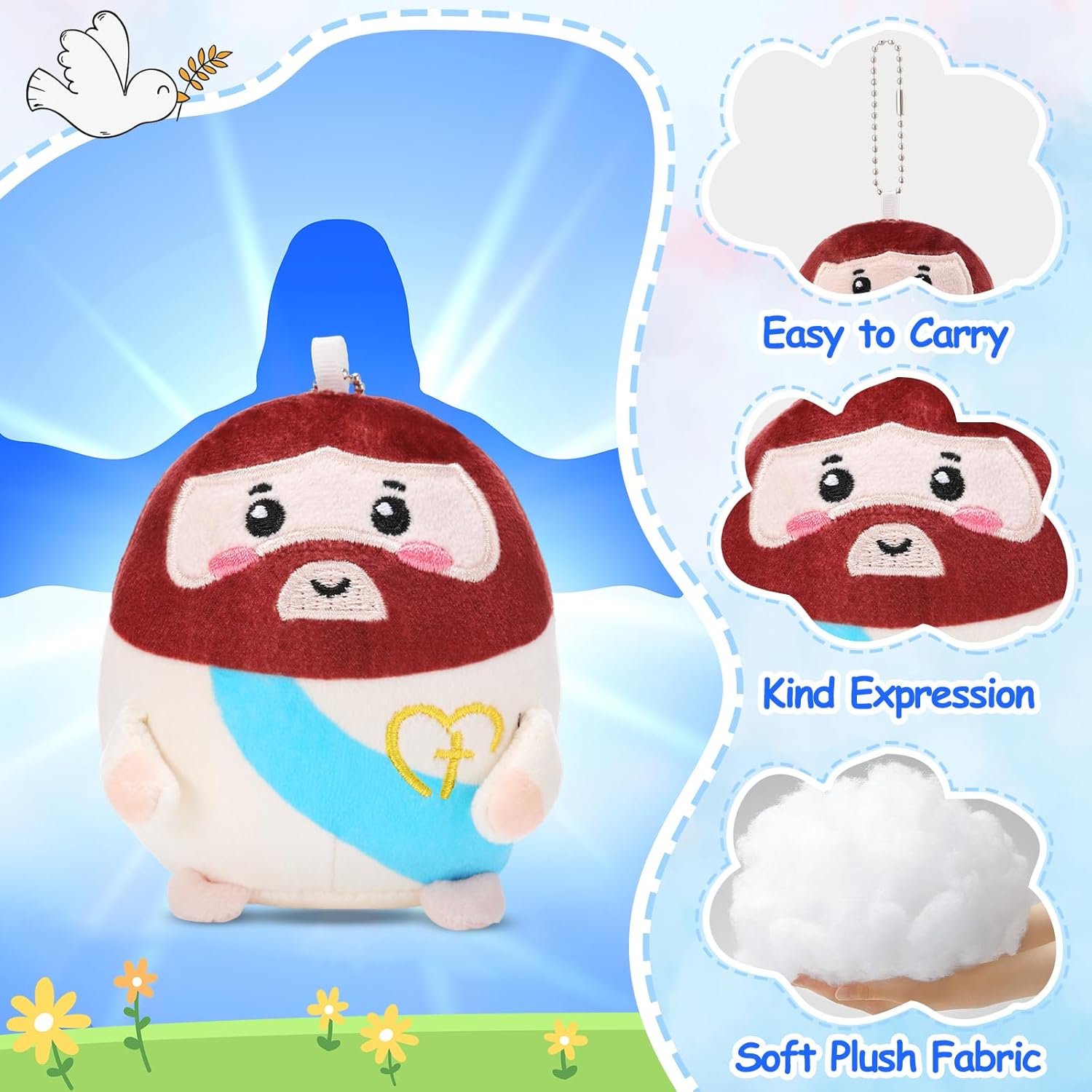 Civaner 12 Pcs Easter Christian Jesus Plush Toys Bulk, 5" Mini Jesus Stuffed Plush Dolls with Keychain for Church, Sunday School, Easter Basket Fillers, Christian Gifts for VBS, Baptism