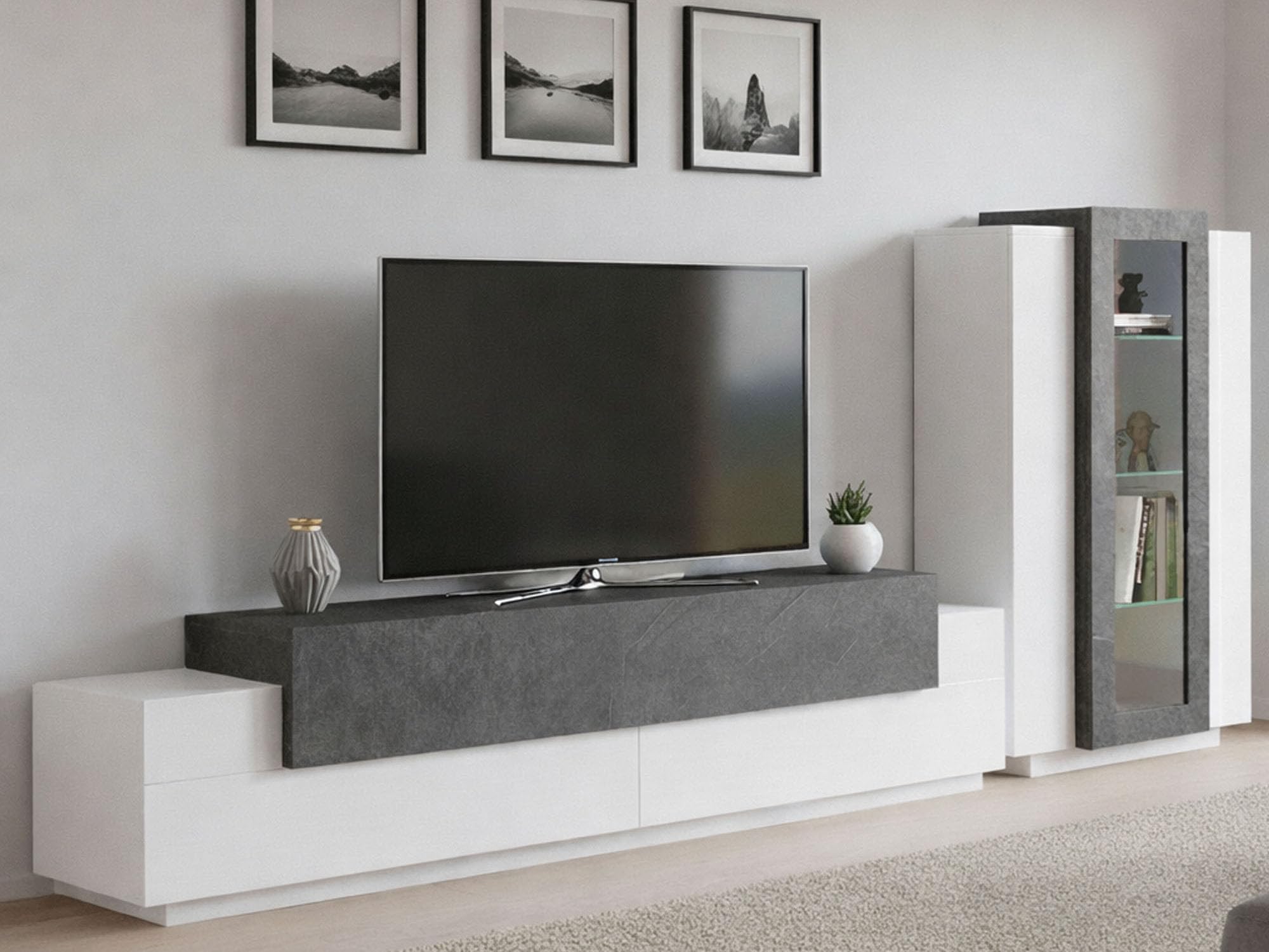Dmora Parete Attrezzata Mirko 45x280x121h cm Bianco Lucido Modulabile 12 Ripiani, 14 Vani Made in Italy