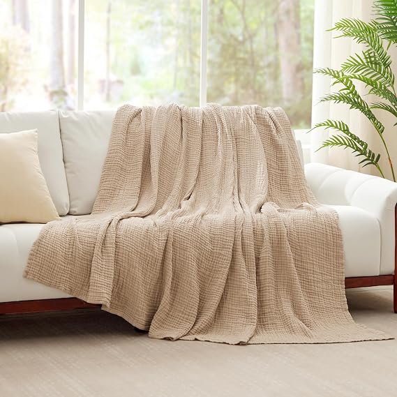 Cooling Throw Blanket Twin XL 66 x 90, 6 Layers Muslin Blankets 100% Cotton, Breathable and Lightweight Twin Blanket for Bed, Soft Bedspread, Gauze Bedding for All Season, Beige Linen
