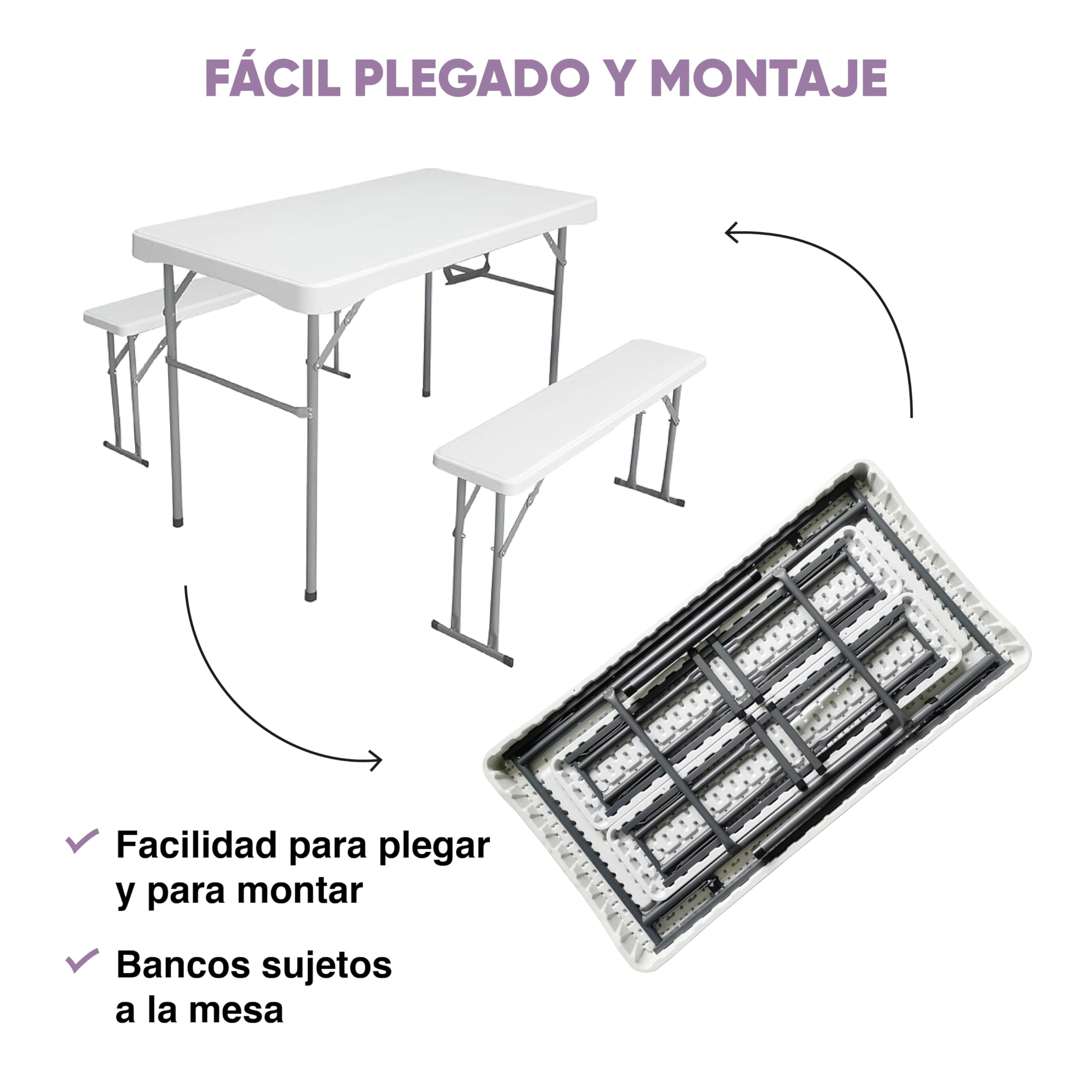 KG KITGARDEN - Set Picnic Mesa Plegable + 2 Bancos, 113x62x71cm, Blanco - Folding Picnic