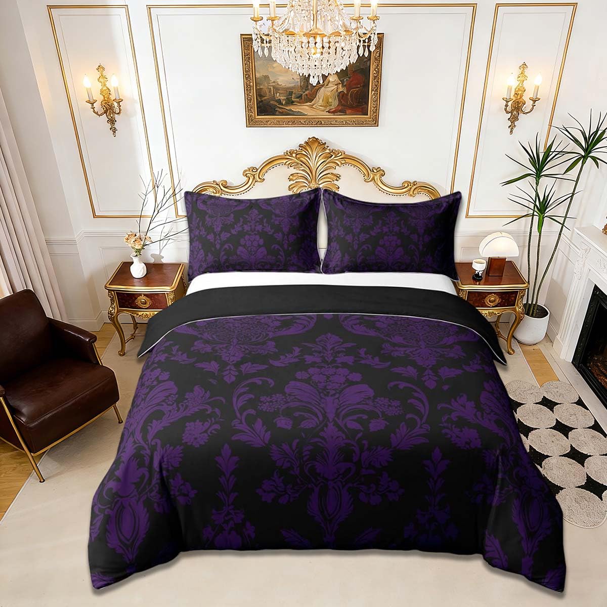 Homemissing Purple Black Vintage Damask Floral Duvet Cover Set Gothic Bohemia Floral Bedding Set King Size for Kids Boys Girls Oriental Antique Comforter Cover Luxury Flower Quilt Cover,No Comforter — image 1