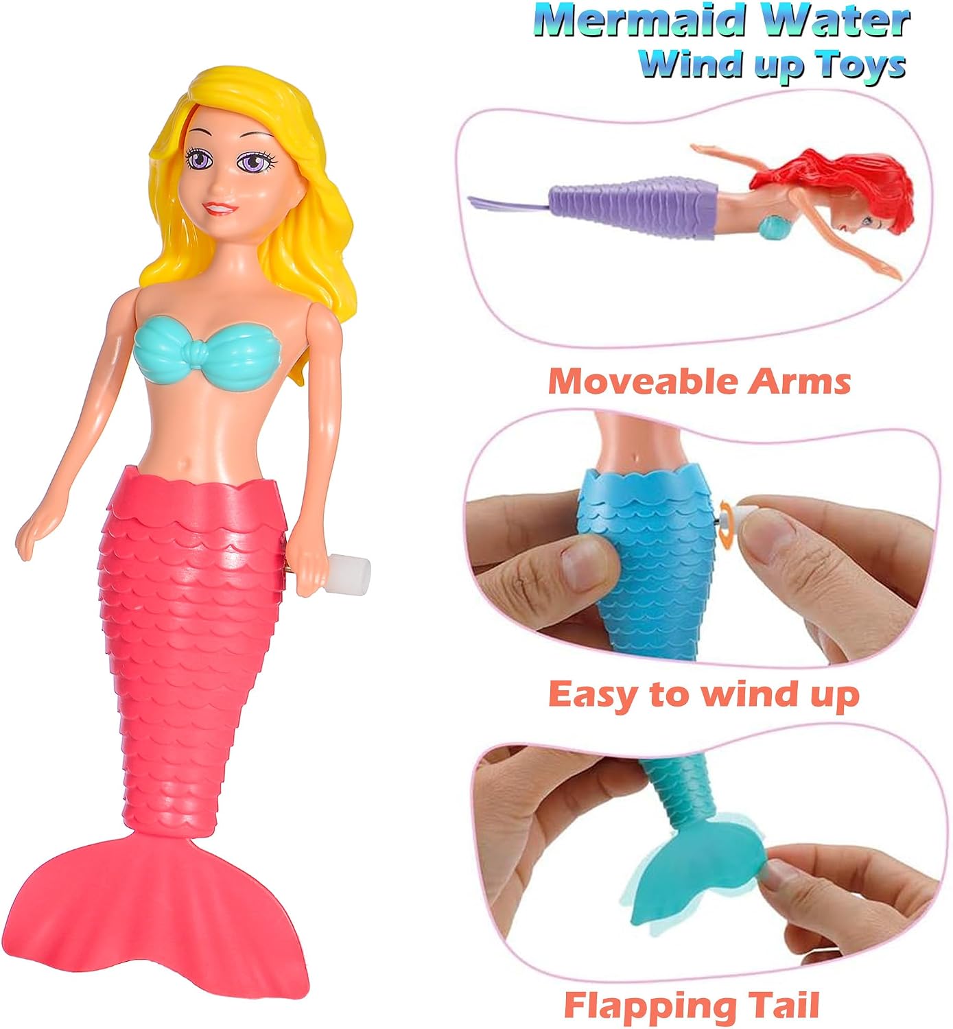 dollbie 7-Pack Wind-Up Mermaid Bath Toys for Kids -Toddler Bath Toys for Kids Moving Tail Priness Doll Diverse Hair Colors & Styles Mermaids, Swimming Pool Party Favors
