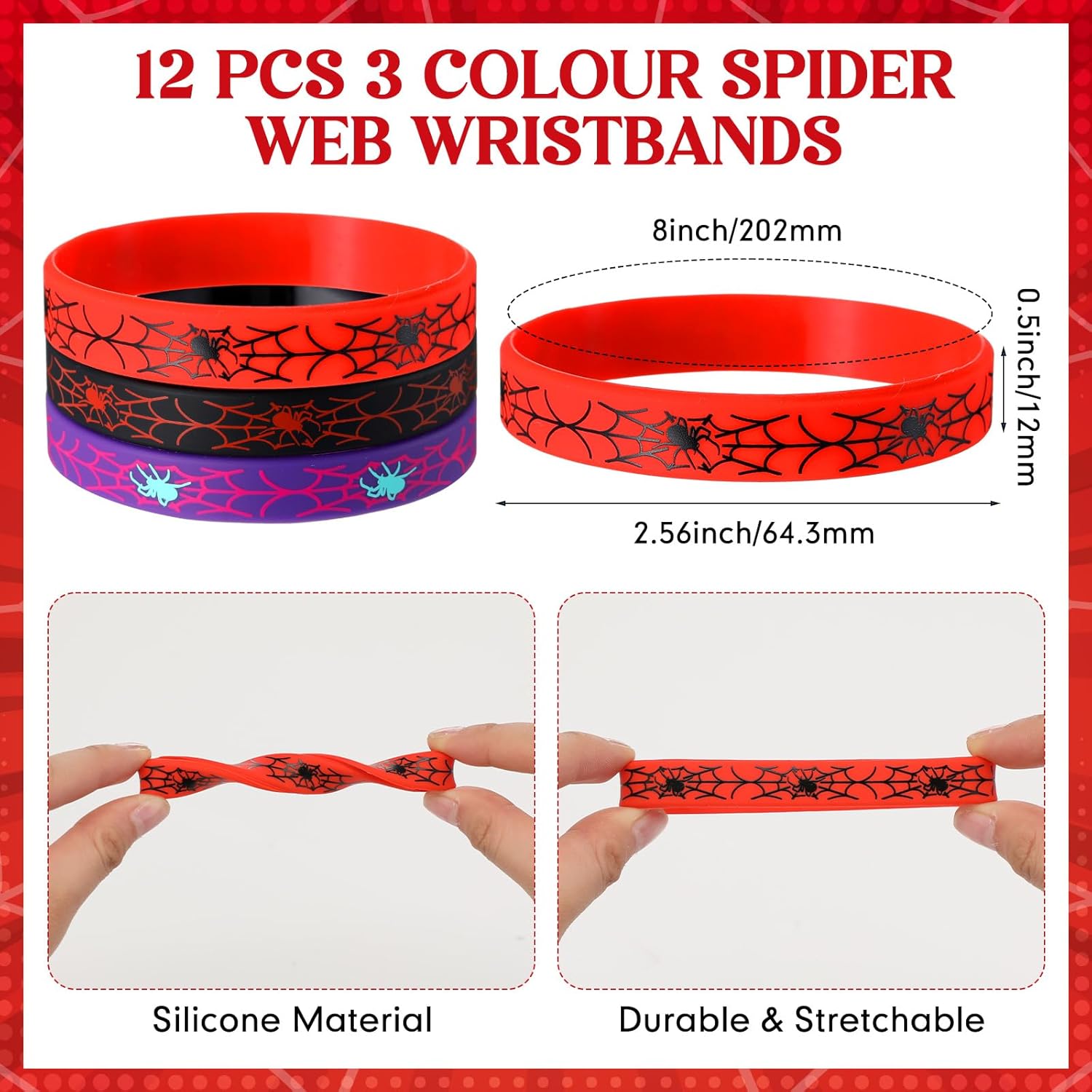 Kingdder 24 Pcs Spider Web Sunglasses and Silicone Wristbands Bracelets Spider Birthday Theme Party Favors Black Red Blue Party Decorations Supplies Gifts (Assorted)