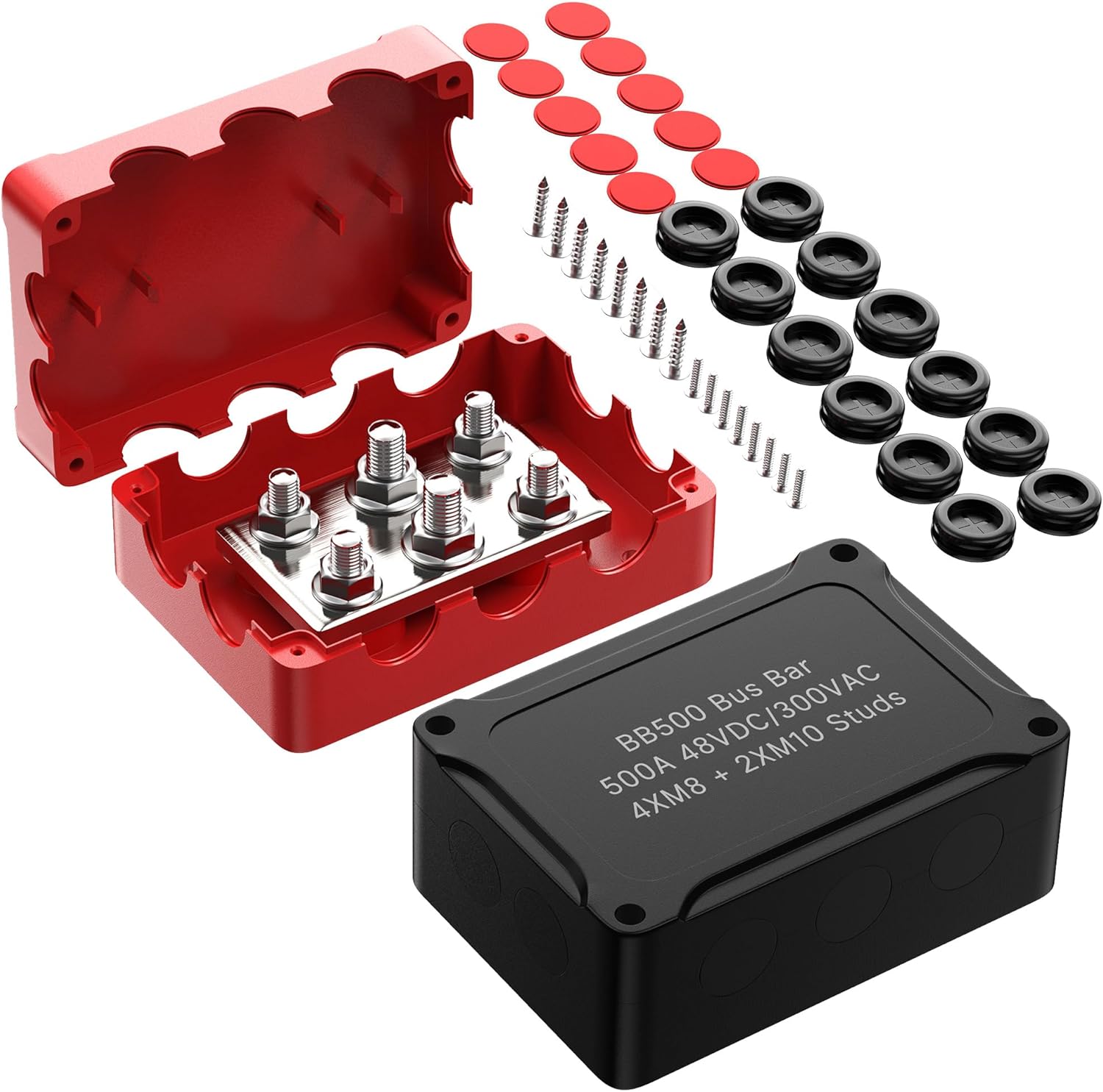 Joinfworld Heavy Duty 500A Bus Bar Waterproof Power Distribution Block with 4*5/16"(M8)+2*3/8"(M10) Studs 48V DC Automotive Marine Battery Terminal Distribution Block with Cover - Negative&Positive