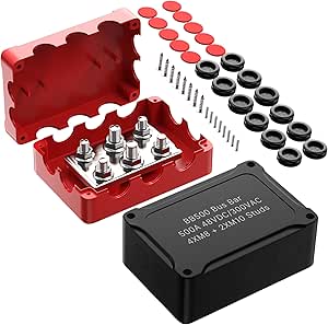 Joinfworld Heavy Duty 500A Bus Bar Waterproof Power Distribution Block with 4 x 5/16"+2 x 3/8" Studs 48V DC Automotive Marine Battery Terminal Distribution Block with Cover - Positive&amp;Negative
