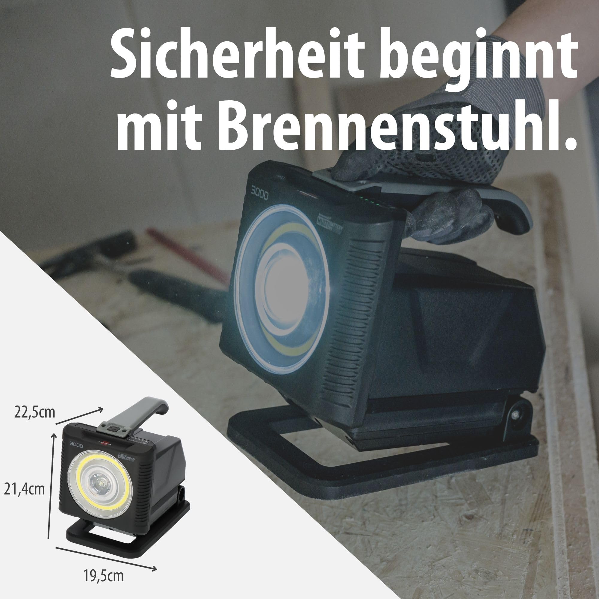 Brennenstuhl Professional Multi Battery LED Akku Handscheinwerfer HL 3000 | Arbeitsleuchte 1040 + 2160lm, 20W, IP54, kompatibel mit 18V Akkus 10 verschiedener Hersteller, Engineered in Germany
