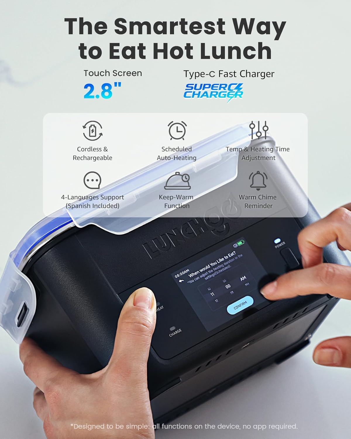 LUNCHGO® G1-Standard(74 Wh), Smart Electric Heated Lunch Box – Cordless, 5 Cups Capacity, Battery Powered, 250°F Max, Scheduled Heating, Perfect for Outdoor Work, On-The-Go Meals (Neon Gray) - Image 2