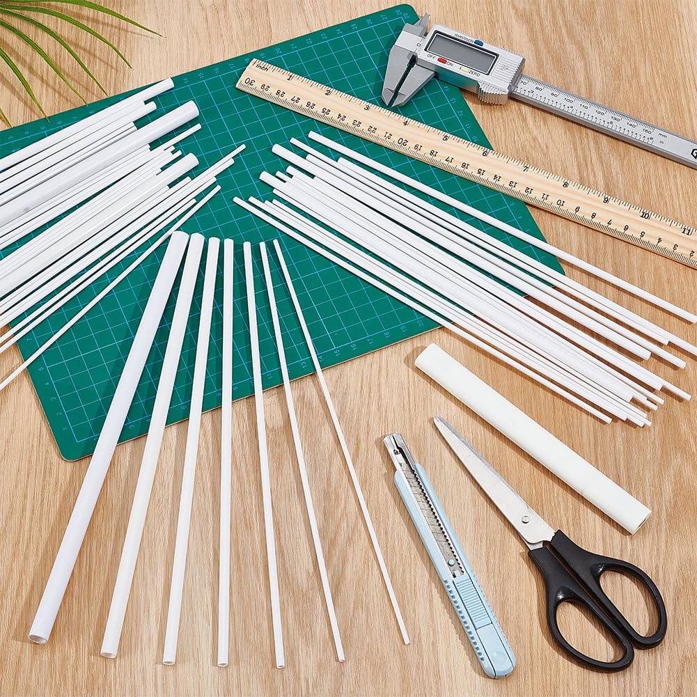 BENECREAT 48 Tubo di Plastica Rotondo In ABS Da 7 stili, Barre Bianche Da 2/3/4/5/6/8/10mm, Asta Tubolare Cava, Barra Tonda Cava per Modelli Architettonici Fai Da Te con Tavolo di Sabbia