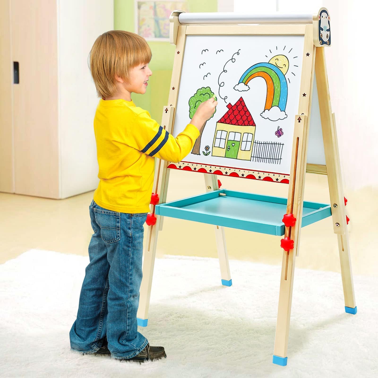 Lavagna in Legno per Bambini, Cavalletto per Bambini con Rotolo di Carta, Lavagna Bianca su Due Lati, con Numeri e Altri Accessori per 3 Anni ragazzi e Ragazze Regalo