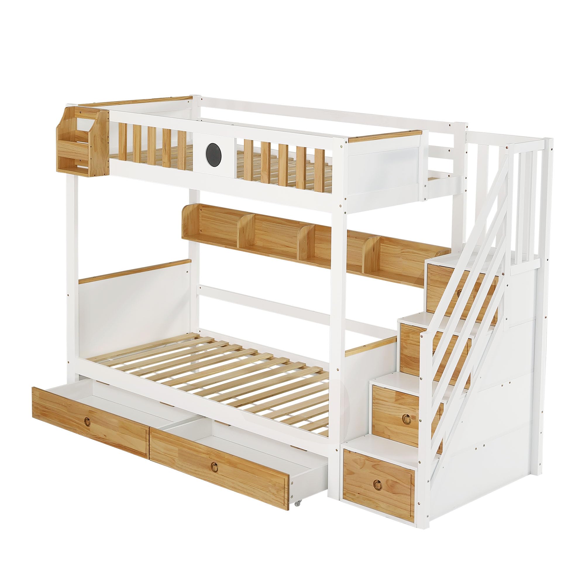 Letto a castello 90 x 200 cm, con lavagne, scale con vano portaoggetti e cassetti, letto a soppalco per 2 bambini, letto a soppalco con rete a doghe e protezione dalle cadute, senza materasso