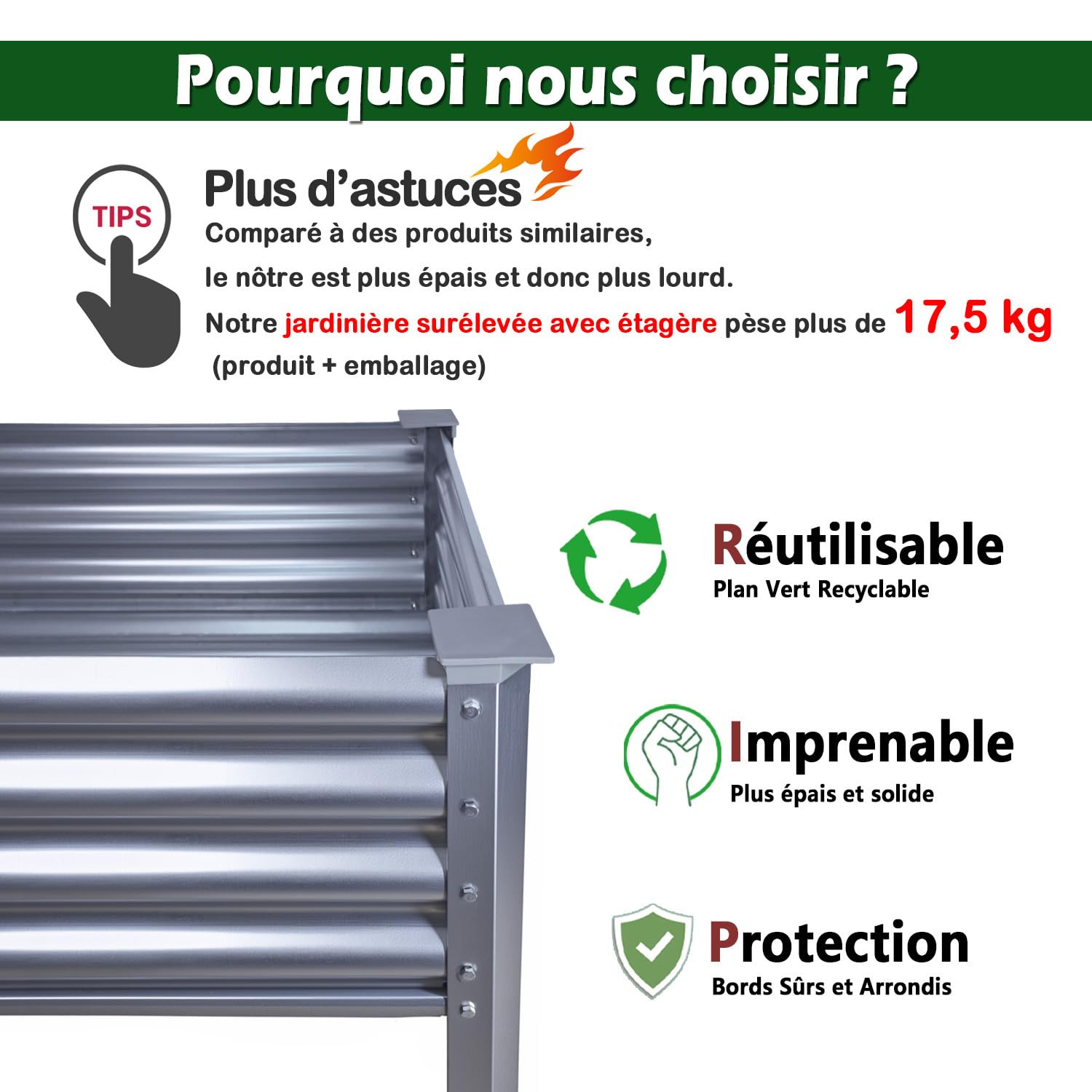 Potager à Hauts Pieds (4 * 2 * 2.6 FT/120 * 60 * 80 CM) (Métal avec Plaque de Fond)