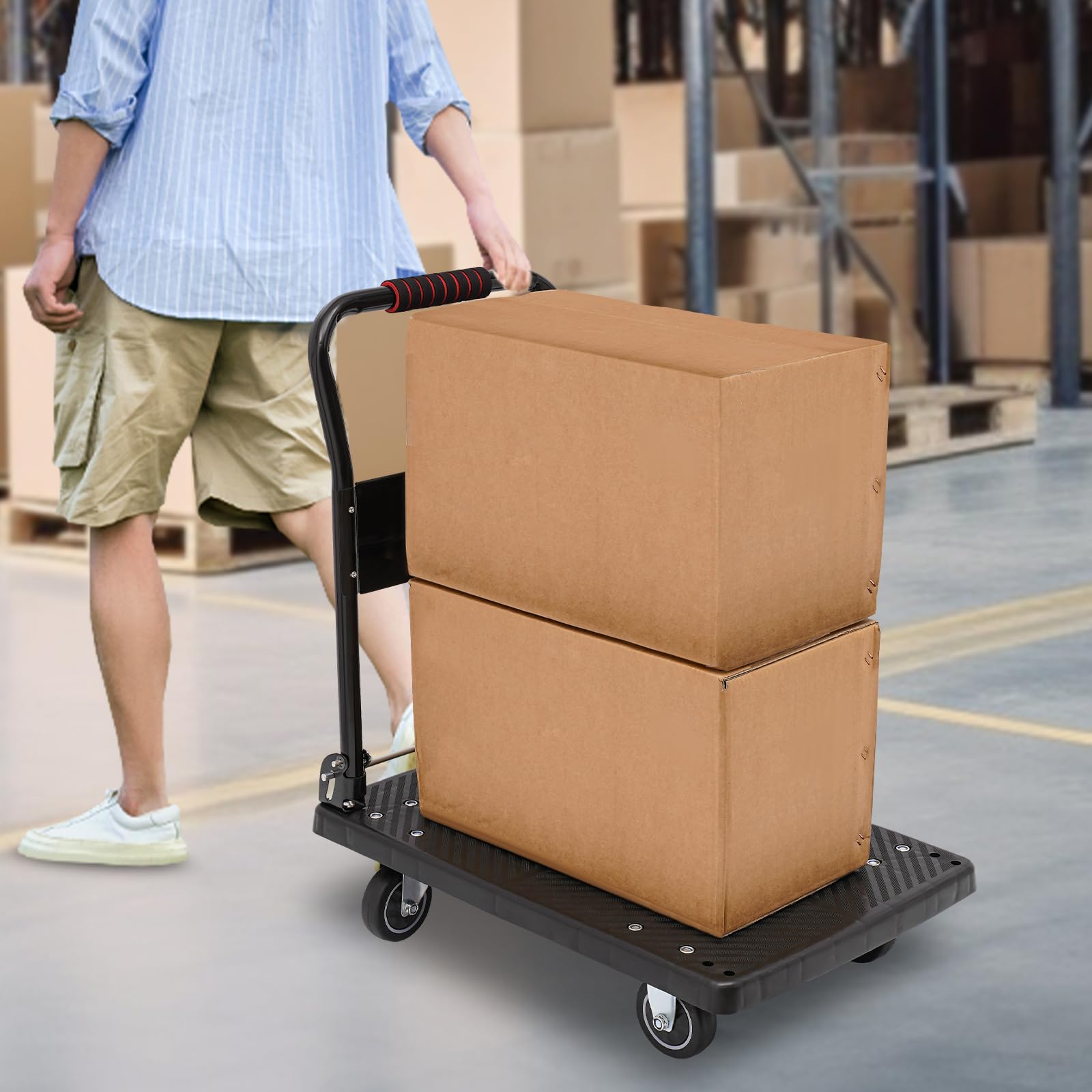 Carro de transporte plegable con ruedas y soporte de transporte orientable, 48 x 72 x 85 cm, con plataforma antideslizante, capacidad de carga de hasta 150 kg