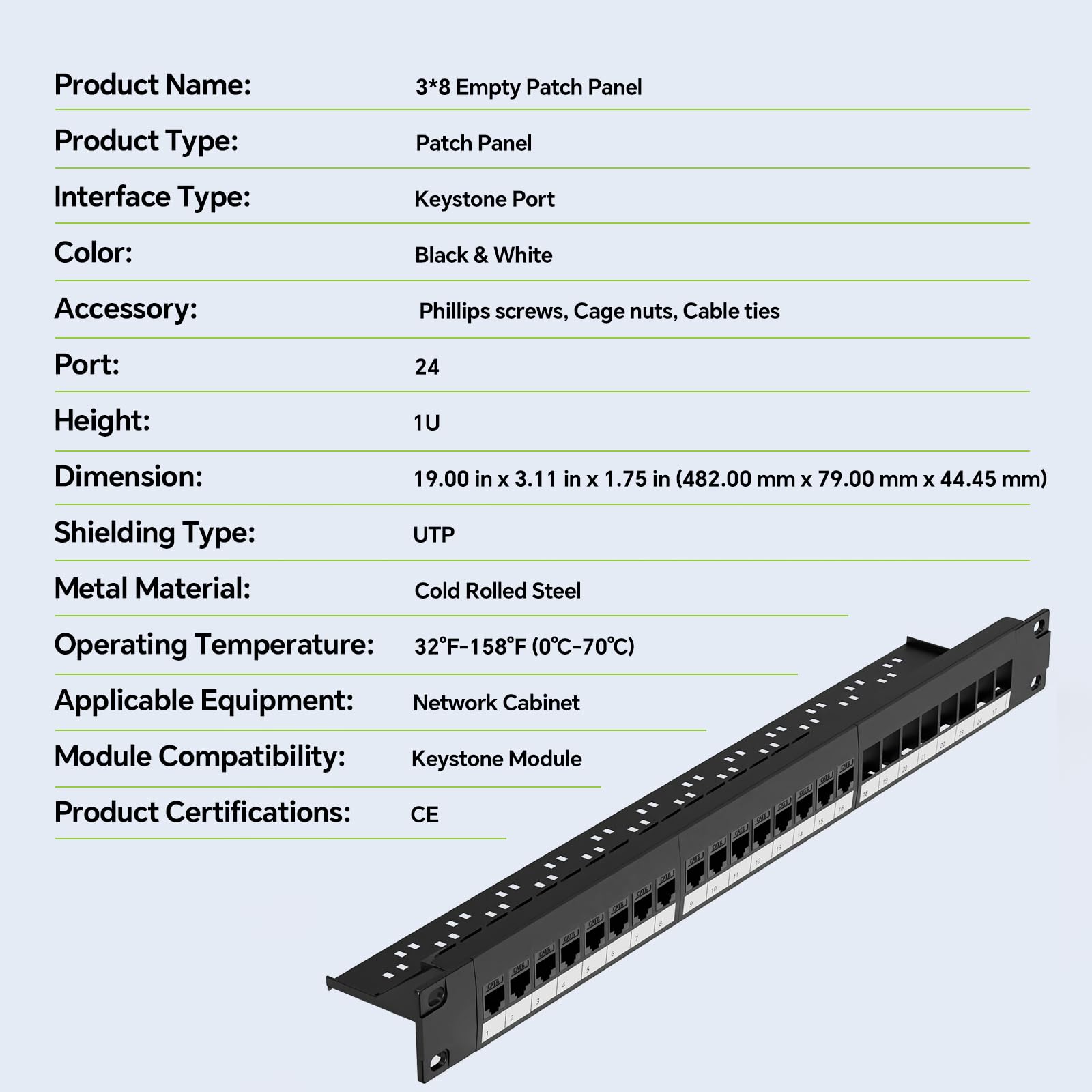 Panel de conexión Keystone de 24 puertos con 25 acopladores Keystone CAT6 chapados en oro, panel de montaje en rack en blanco de 1U, 19 pulgadas