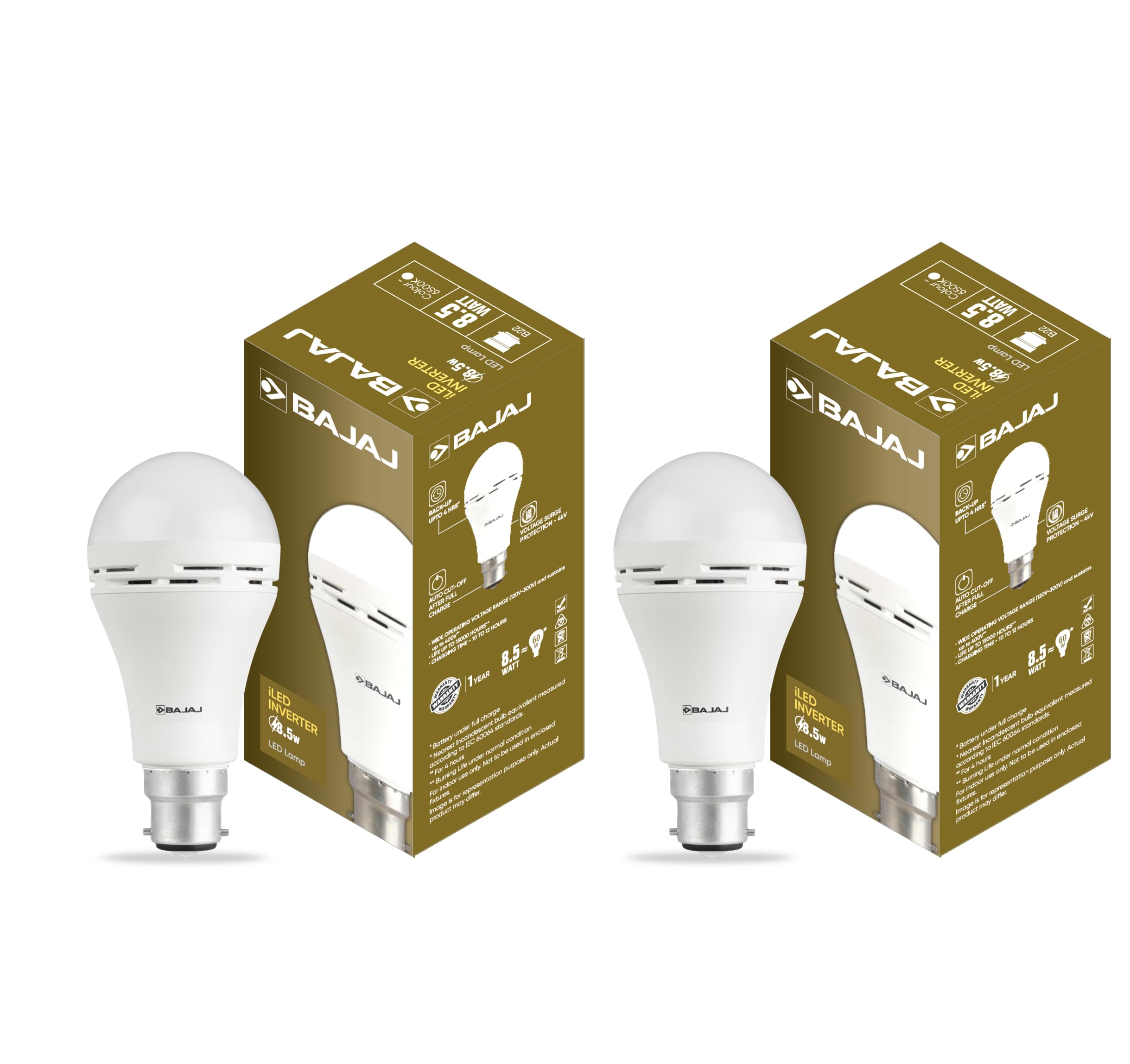 Bajaj iLED 8.5W Rechargeable Emergency Inverter LED Bulb | Cool Day Light | Upto 4 Hours Battery | B22D | (Pack of 2, White)