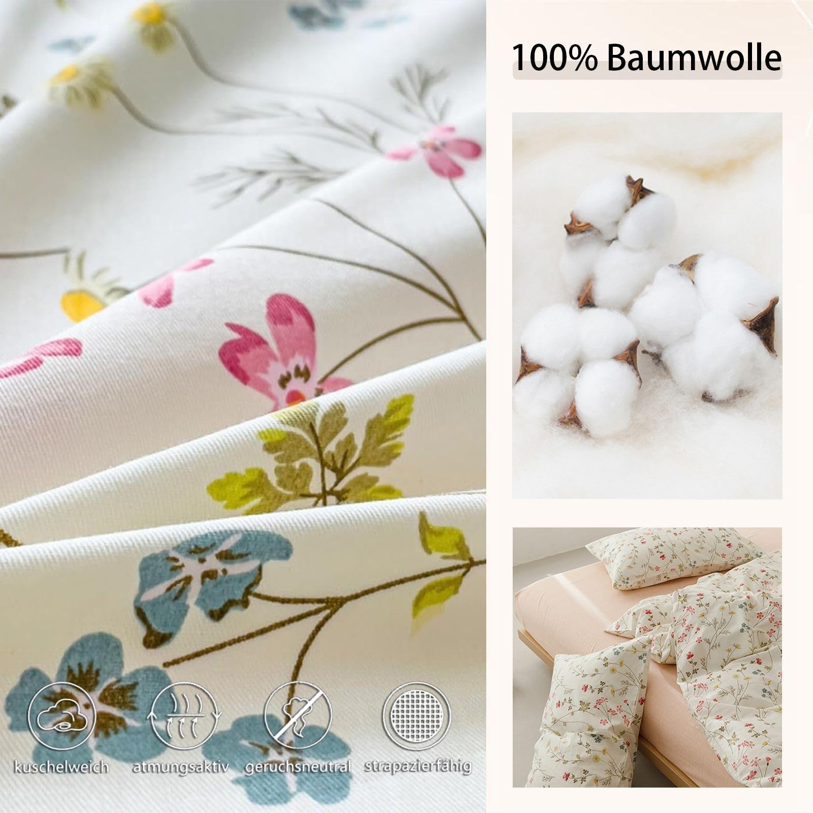 Freyamy Blumen Bettwäsche 135x200 Baumwolle Beige Rosa Bunt Floral Bettwäsche-Sets Mädchen Blumenmuster ÖKO-TEX Bettbezug 1 Deckenbezug mit Reißverschluss und Kissenbezug 80x80cm