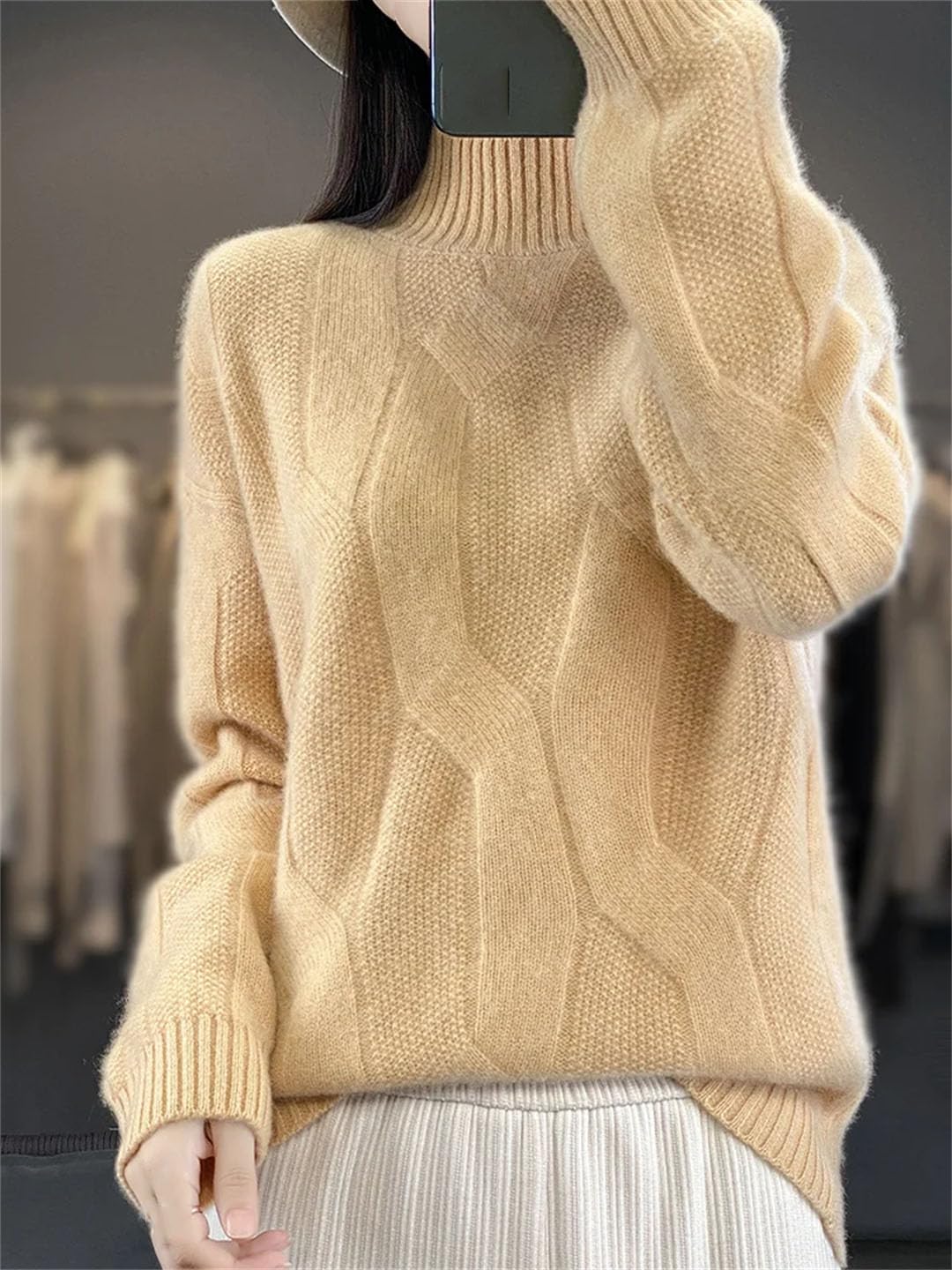 Vogrtcc Suéter De Mujer Trenzado Grueso Otoño Invierno Jersey De Lana Cuello Simulado Prendas De Punto De Cachemira