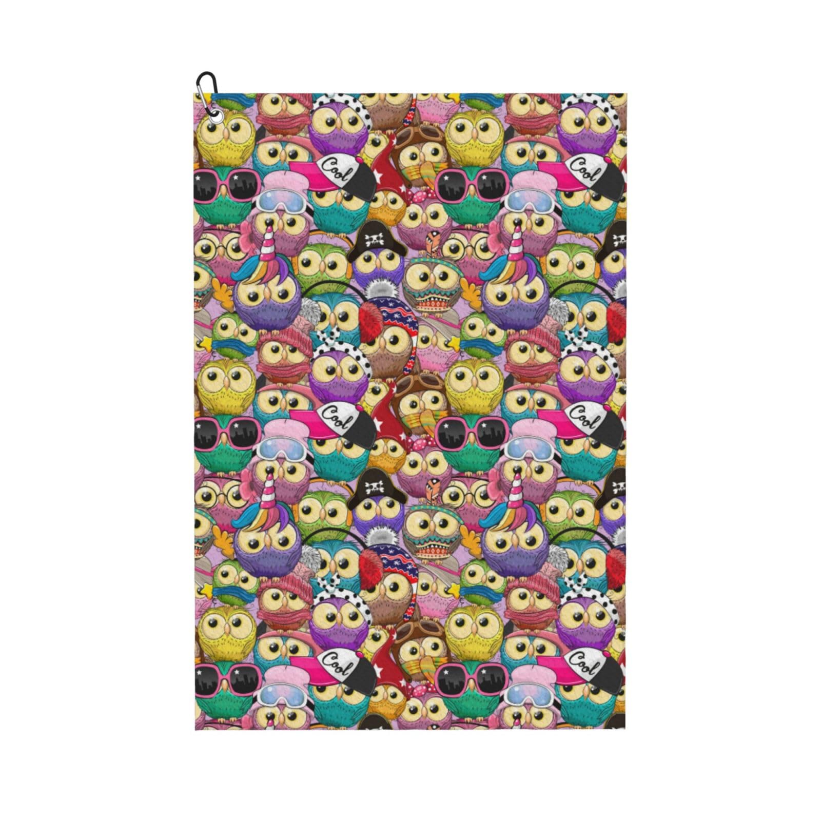 AOOEDM Cute Cartoon Owls Print Golf Towel with Carabiner Clip Absorbent Microfiber Golf Towel for Cleaning Golf Ball Club Putter Iron for Golf Bag Trolly Belt Loop 16" X 24"