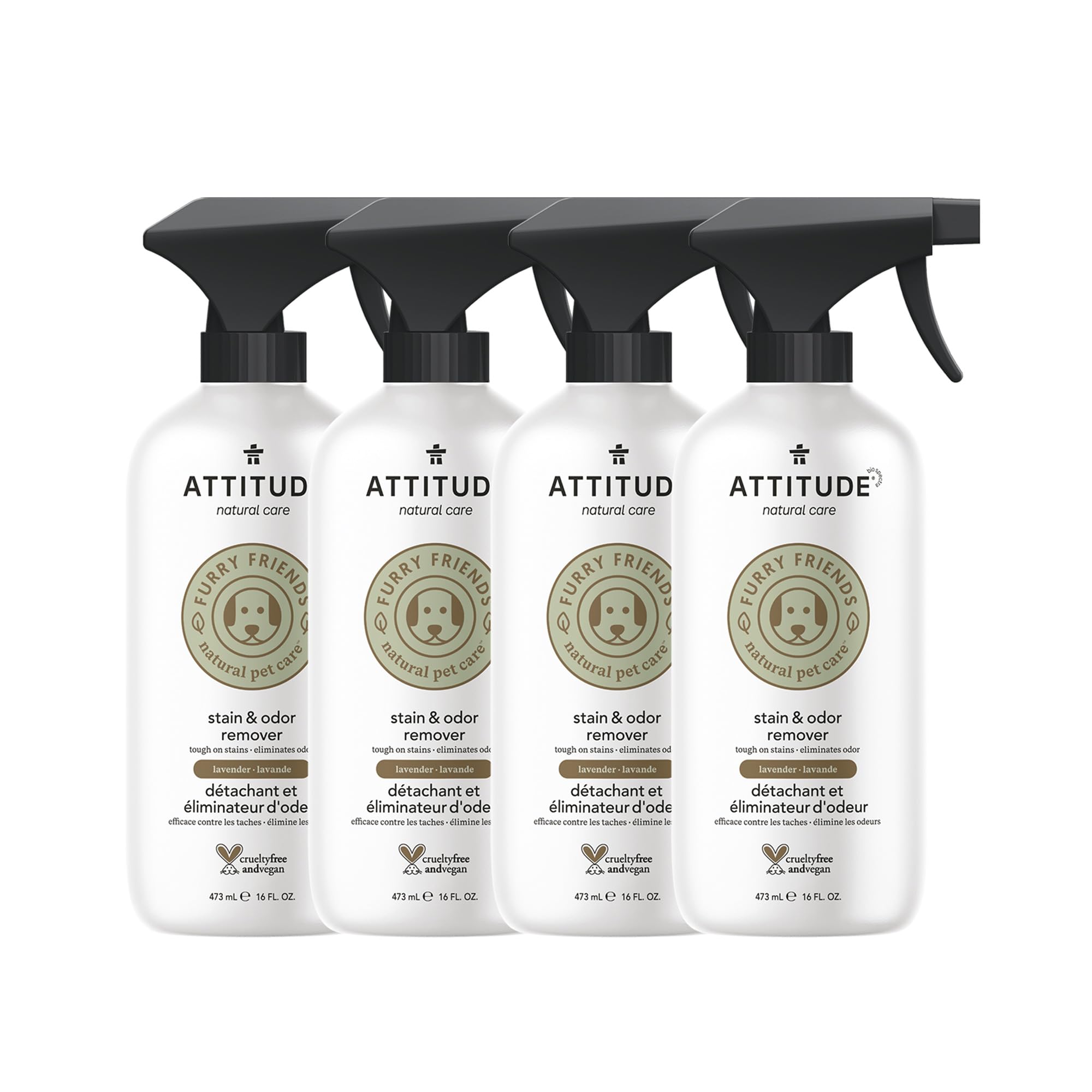 Attitude Stain and Odor Remover for Pets, Plant and Mineral-Based Ingredients, Vegan and Cruelty-Free, Lavender, 16 Fl Oz (Pack of 4)