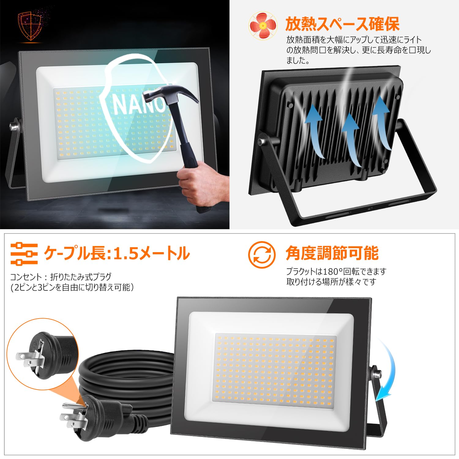 Amazon.co.jp: MEIKEE【100W 電球色 2個セット】led投光器 作業灯 看板