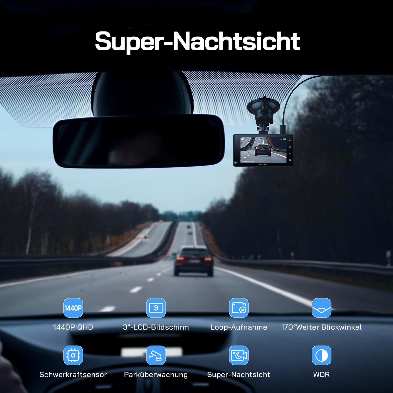 WOLFANG Dashcam Auto Vorne Hinten 2,5K+1080P Auto Kamera, Ultra Nachtsicht, 170°Weitwinkel, WDR, 24 Std. Parkmodus, G-Sensor, Loop-Aufnahme
