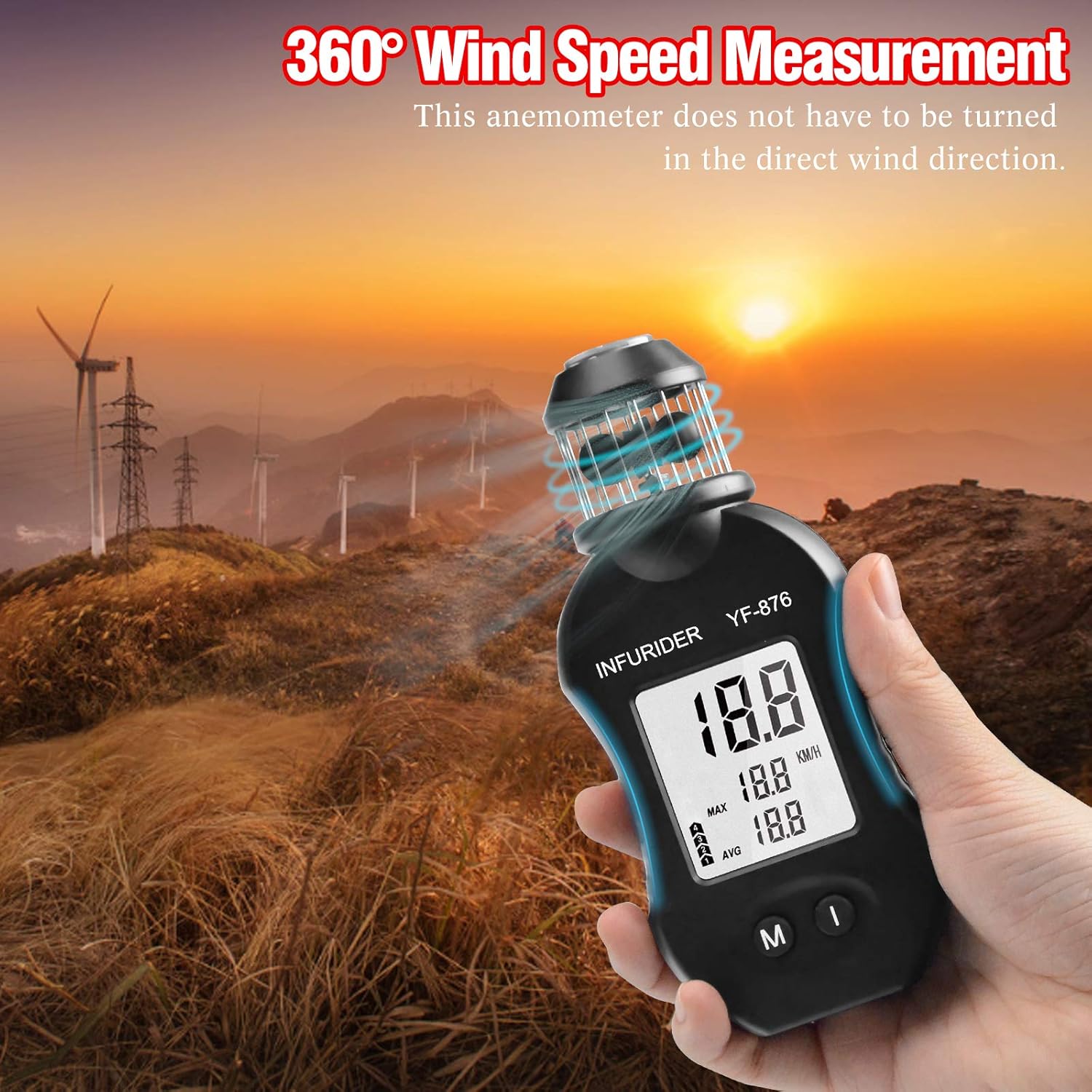 INFURIDER YF-876 anemometer held outdoors with wind turbines in the background, illustrating its 360-degree wind speed measurement capability.