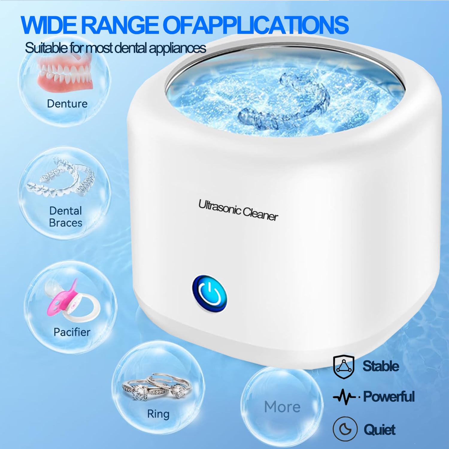 Nettoyeur à ultrasons pour prothèses dentaires, 43000Hz Nettoyeurs ultrasoniques 2 modes de temps 360° nettoyage en profondeur protège-dents, aligneur, têtes de brosse à dents (white)