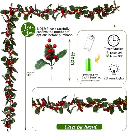 Miniatura 2 de Syhood Guirnalda de bayas de Navidad de 6 pies, guirnalda de hojas de acebo iluminada para interiores, guirnalda artificial de otoño, decoración de