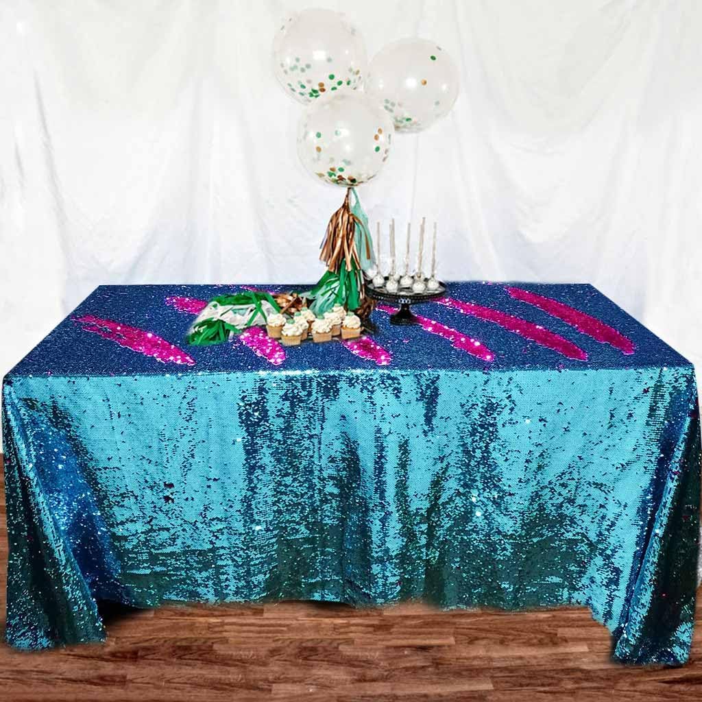 DUOBAO Sparkly Sequins Table Runner - Reversible Two-Tone Turquoise to Fuchsia Gradient Fabric for Holiday Wedding Party Table Decor, 2 Yards (6 Ft) Mermaid Design, Non-Waterproof Decorative Accent