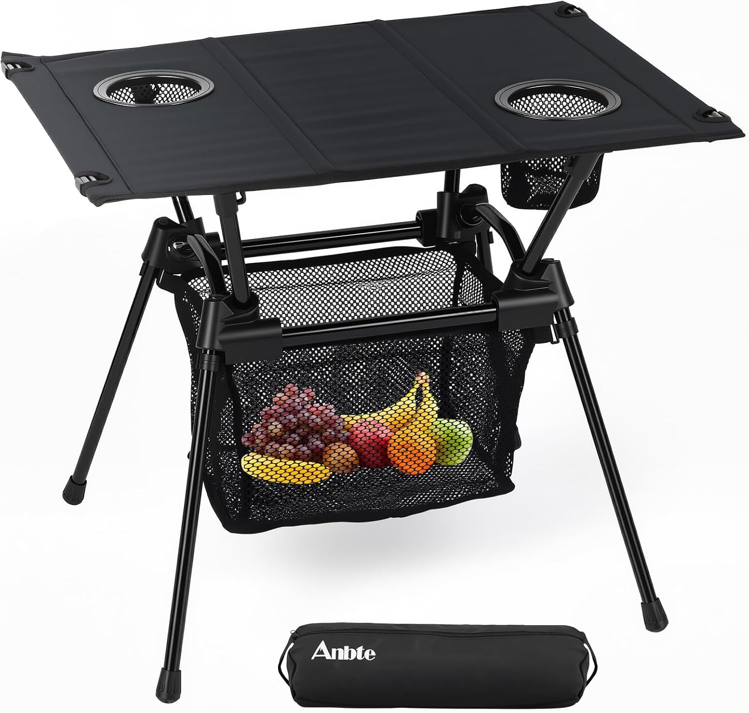 Anbte Ultralight Portable Camping Table, 3.2lb Folding Camping Table with Cup Holders & Storage Net, 20in Height for Camping Hiking Tailgating Beach Picnic Travel Patio, 23" x 16", Black