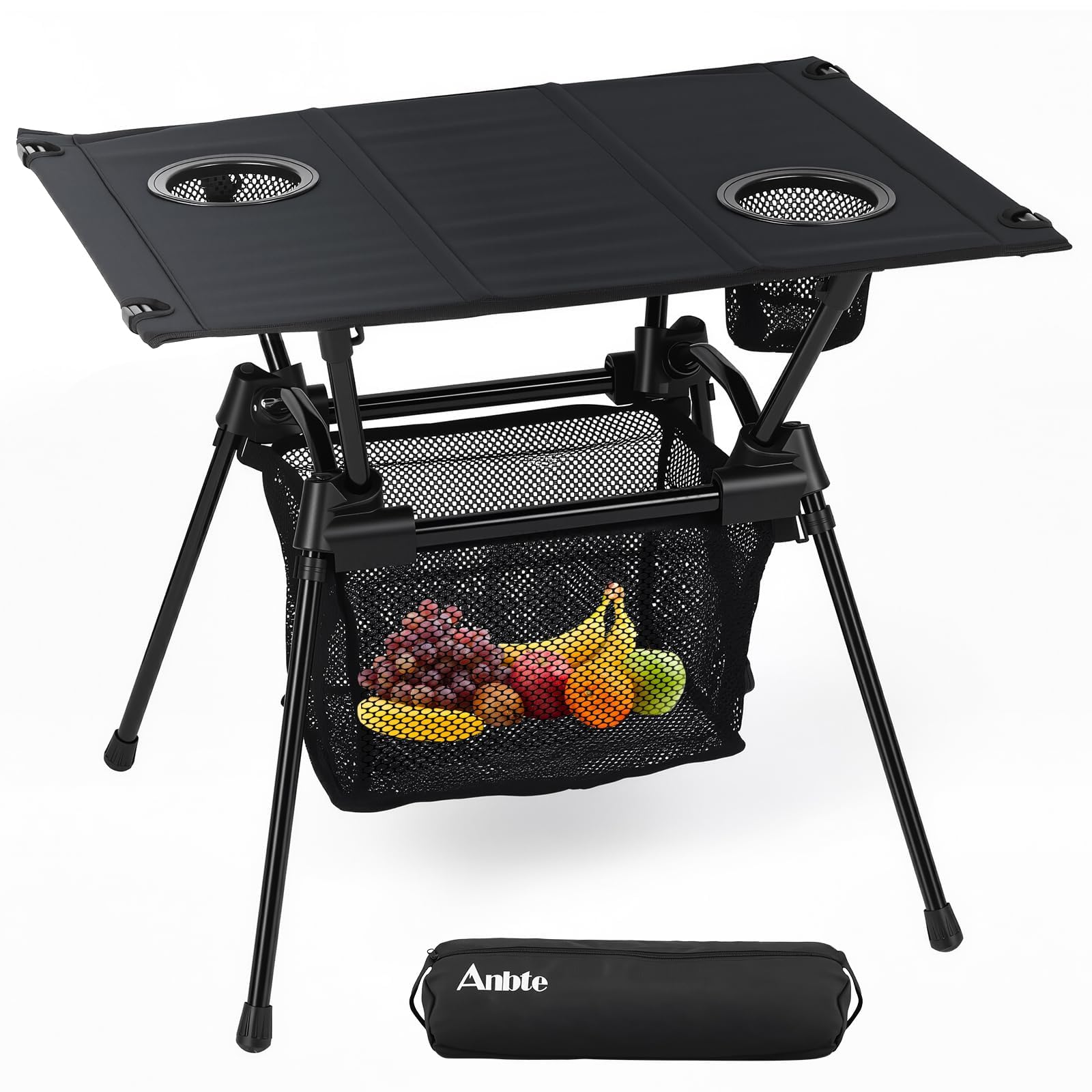Anbte Tavolo Pieghevole Portatile per Viaggiare in Camper con Borsa di Trasporto, Piano in Tessuto, Gambe in Alluminio e Portabicchieri - Leggero per Campeggio/Esterno/Spiaggia