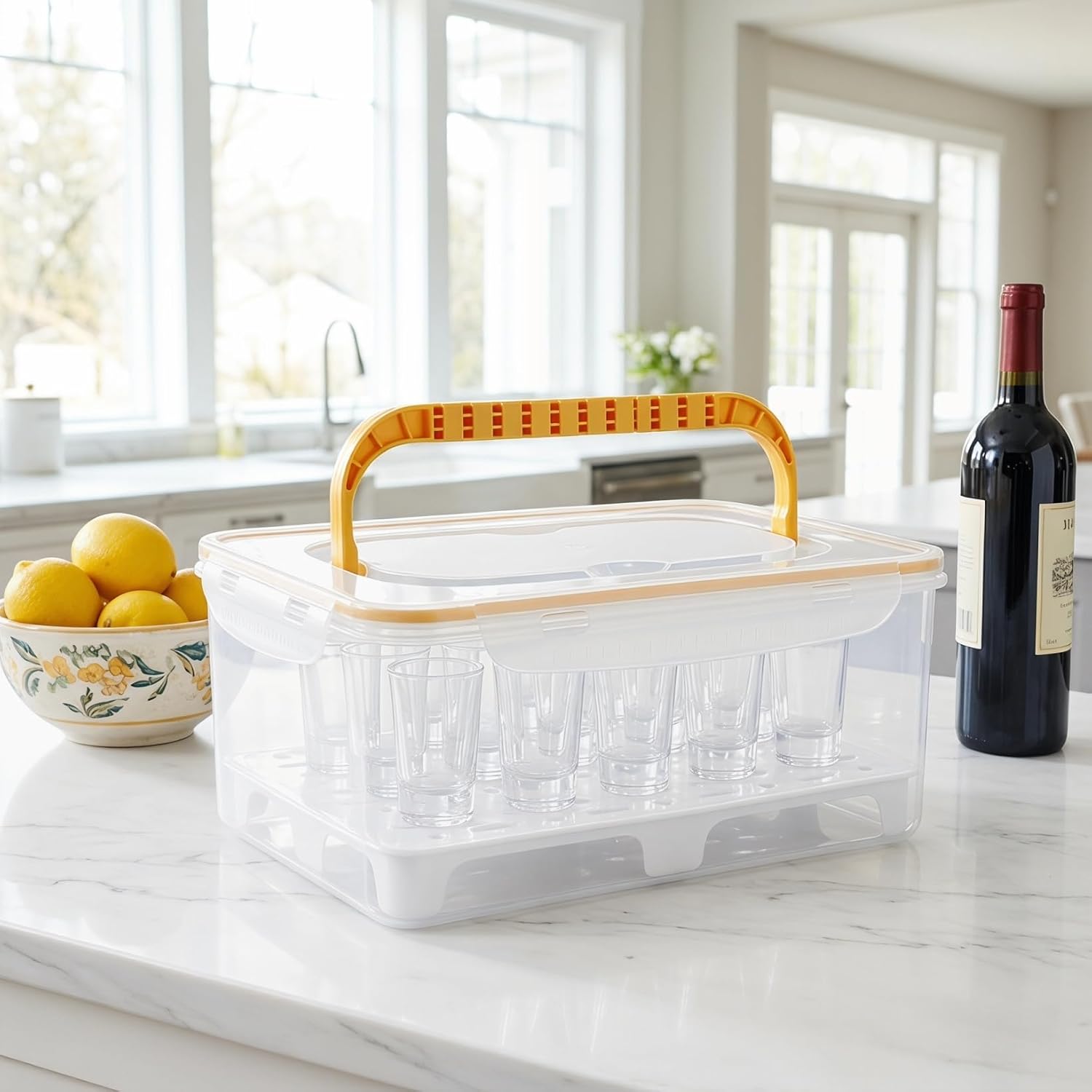 Cabilock Portable Shot Glass Holder with Handle, Transparent Plastic Wine Glass Storage Box with Drain Rack for Home Bar Family Gatherings and Outdoor Parties, 10.74X7.48X4.33In image 4