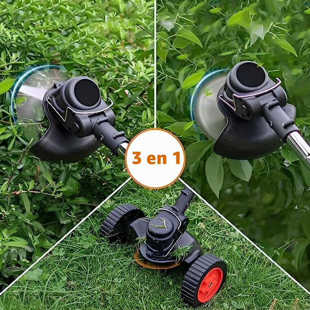Desbrozadora con ruedas eléctrica a batería de 48 V, cortabordes inalámbrica con 2 baterías recargables de alta capacidad, cuchillas intercambiables de acero y plástico, mango telescópico ajustable