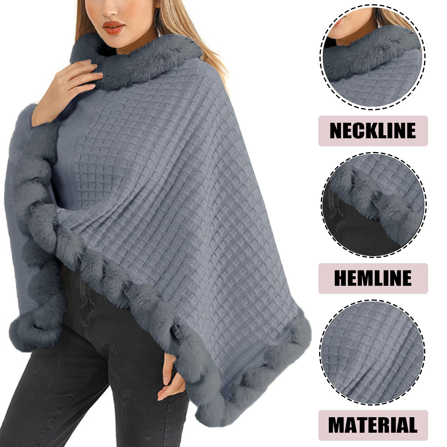 Poncho d’Hiver Femme Cape Chaud Manteau en Fausse Fourrure Tricoté Élégante Chale pour l' Automne Hiver
