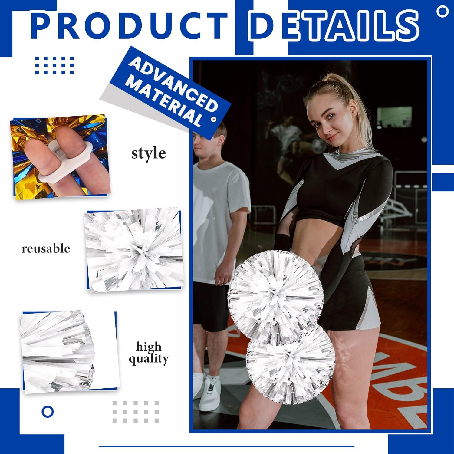 20 PCS Cheerleading Poms, 13.8inch Sports Dance for Sports Team Spirit Cheering with Finger Rings (Mixed Silver)