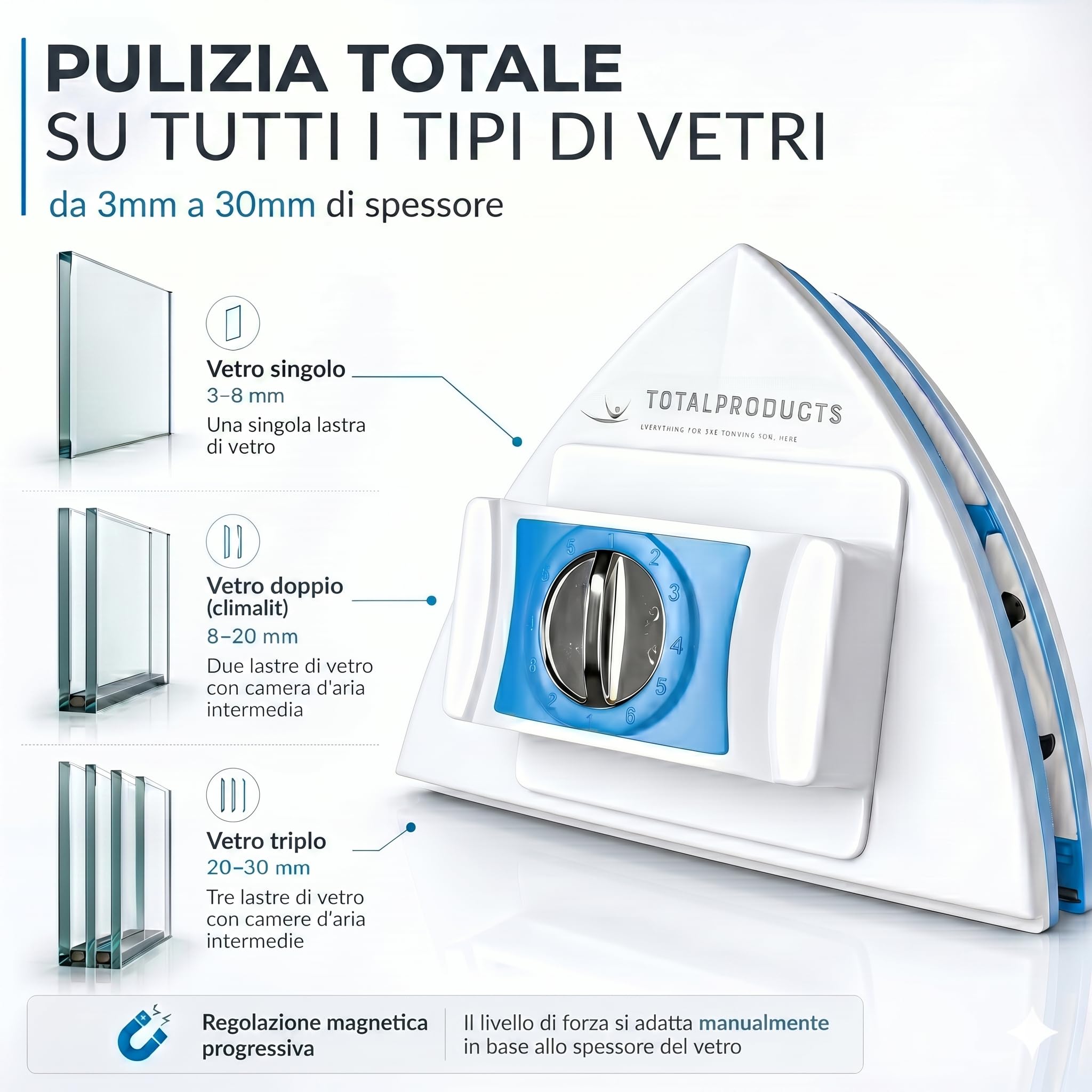 Lavavetri Magnetico Regolabile 3-30 mm, Pulitore Vetri Doppia Faccia, Corda di Sicurezza, Ricambi e Manuale