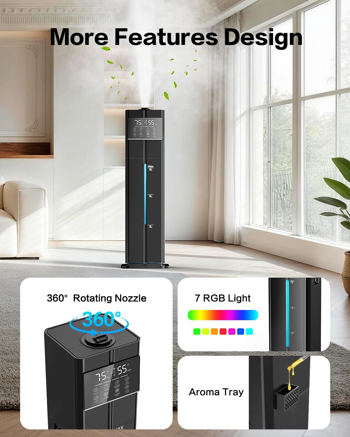 LOMMOL Humidifier with features highlighted: 360 rotating nozzle, 7 RGB light, Aroma Tray