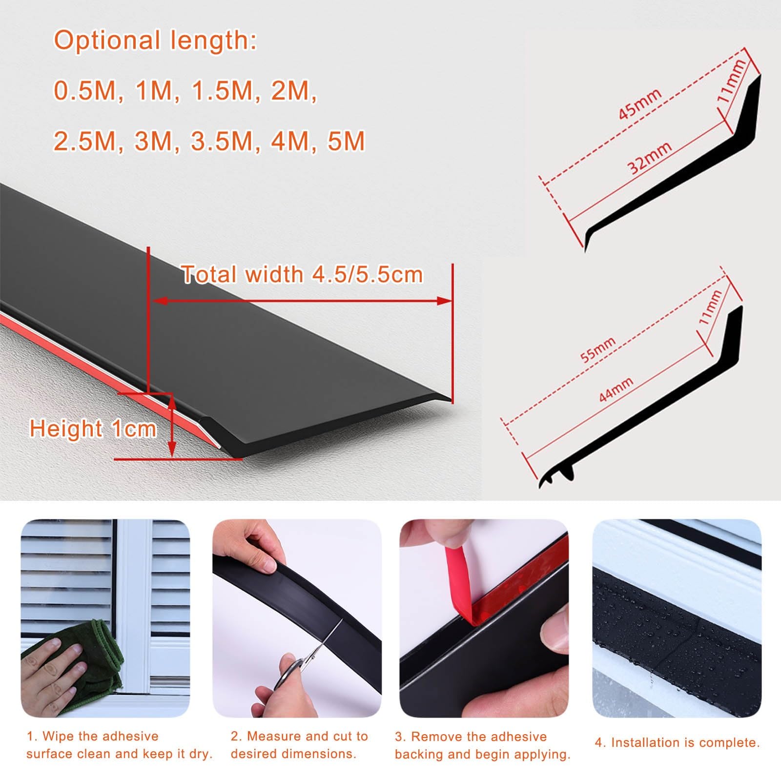 Sigillante in gomma nera impermeabile per finestre e porte, barriera antipioggia esterna, prevenzione perdite per auto e camper, 5,5 cm x 2,5 m, soluzione adesiva resistente alle intemperie