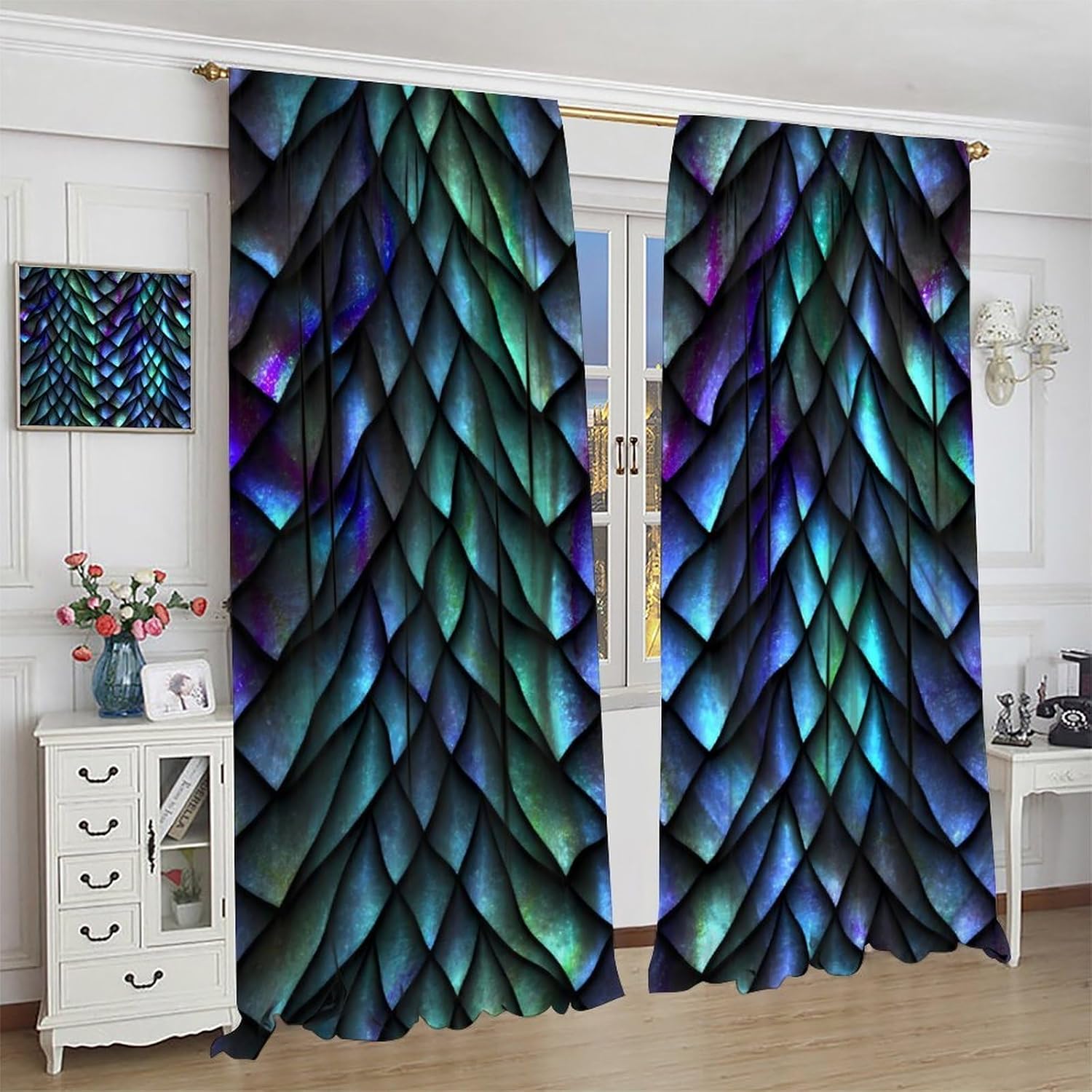 Fantasy Koi Dragon Blackout Curtains Pink Purple Scales in Watercolor Glow Mythical Creature Art Window Treatments for Kitchen Boys Teens Bedroom Living Dining Room 42" W X 63" L