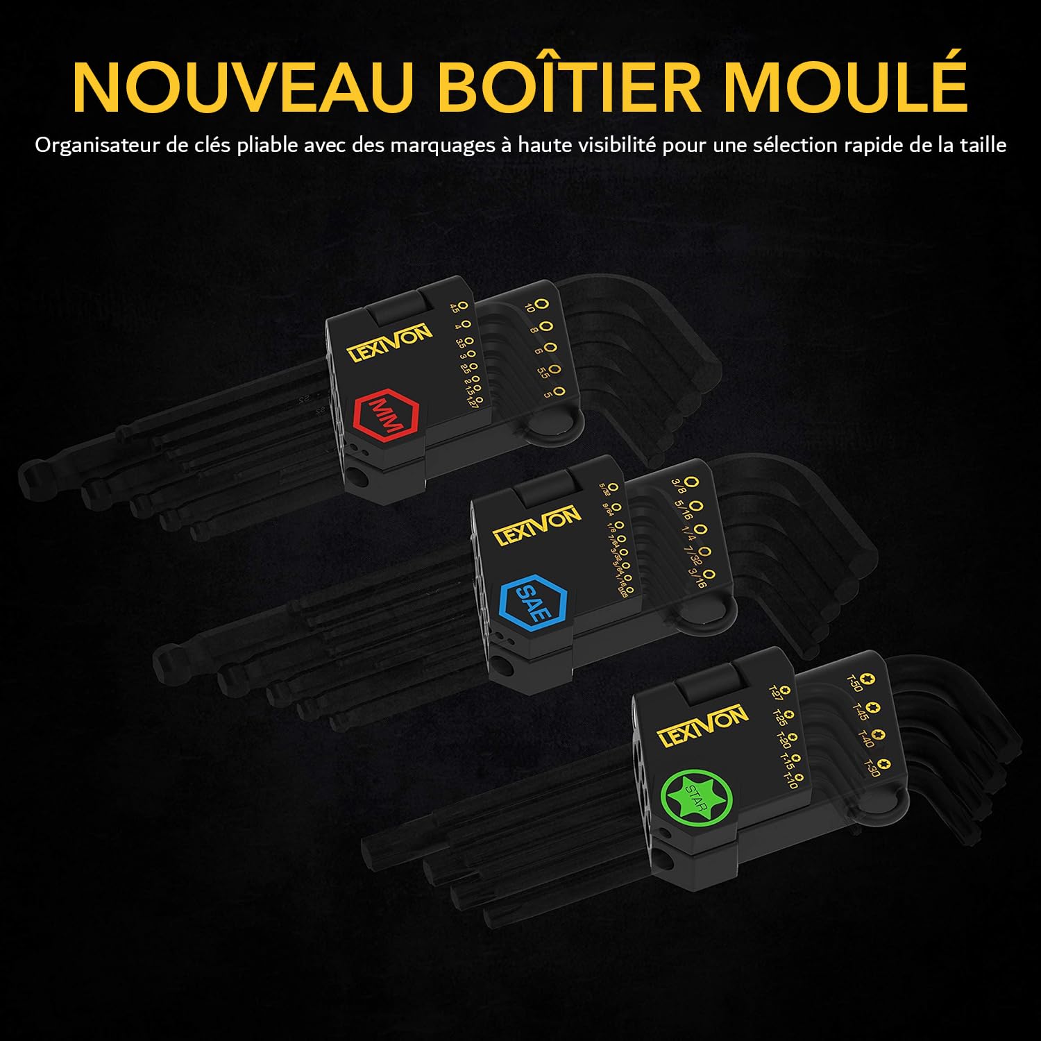 LEXIVON Jeu de 35 Clés Allen Métrique Hexagonal Torx et SAE, Clé Allen Manche Long Mâles pour vis à six pans creux, Métriques: 1,27 à 10mm Impériales Clés: 0.05 à 3/8", Torx: T10 à T50 (LX-131)